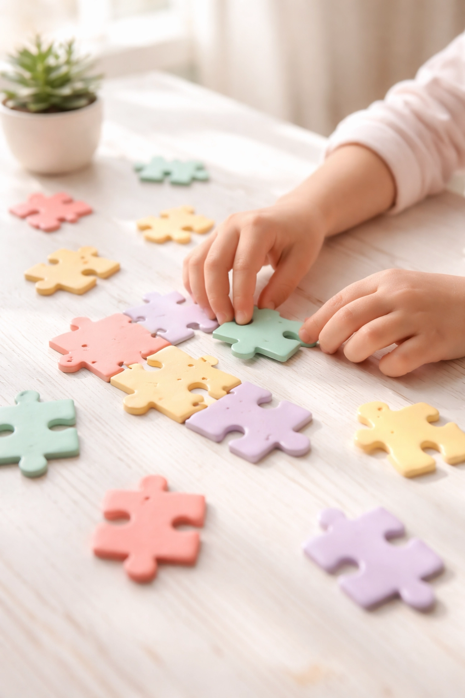 Child arranging pastel puzzle pieces, symbolizing ABA therapy for building behavioral and emotional skills.