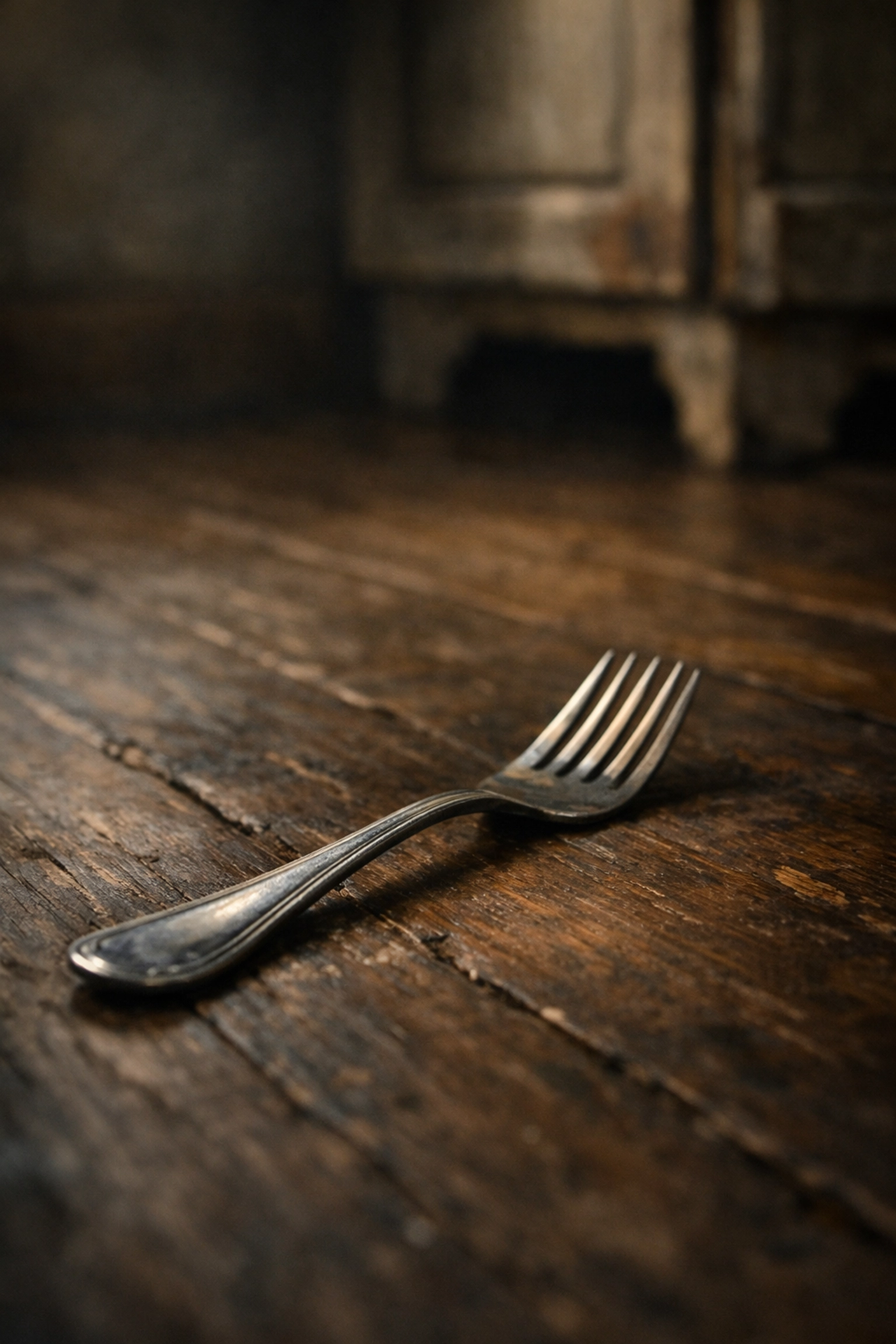 Vintage silver fork on a dark floor, illustrating a comfort food catering omen for Friday the 13th.