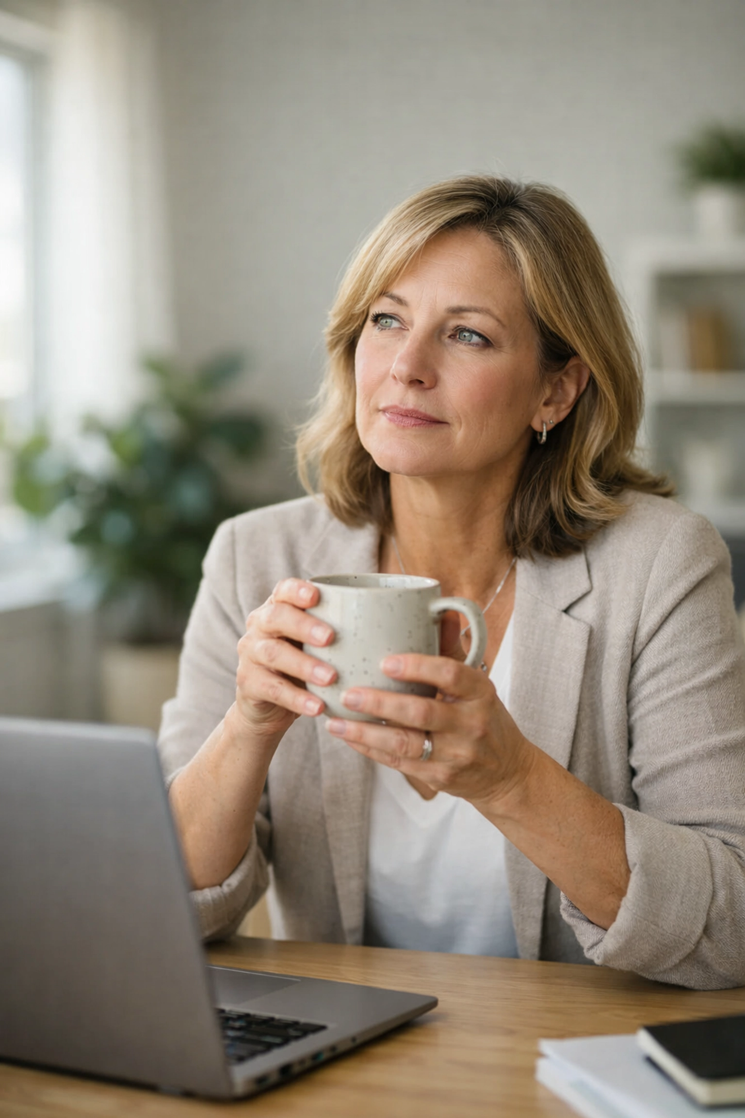Midlife professional woman reflecting on symptoms of menopause brain fog in a home office. Midlife professional woman reflecting on symptoms of menopause brain fog in a home office.