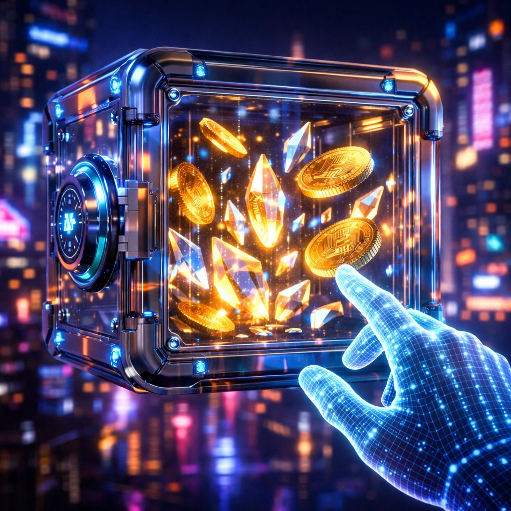 Secure self-custody digital wallet vault in a futuristic metaverse city for Web3 asset ownership.