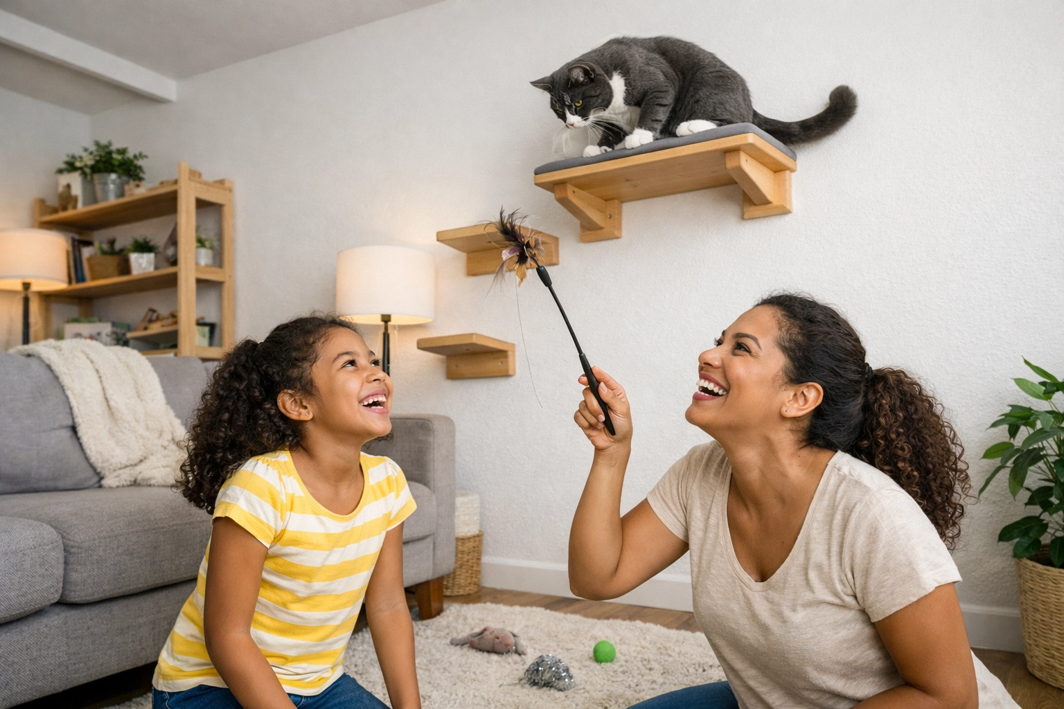 A happy family uses wall shelves and toys for feline enrichment with their tuxedo cat in a Bay Area home.
