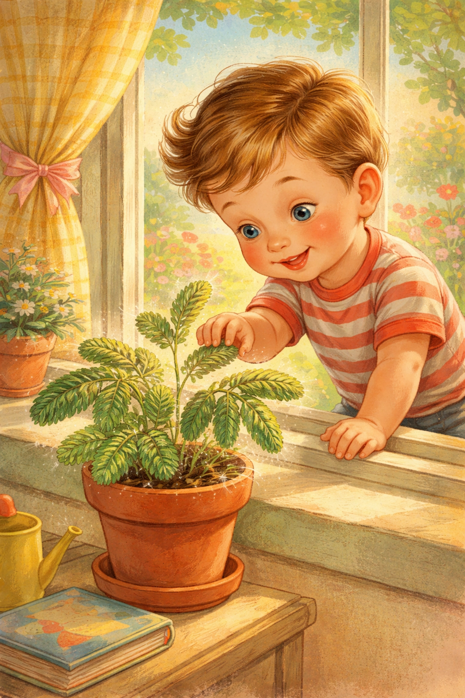 Child touching Sensitive Plant leaves on a sunny windowsill, showing Mimosa pudica's touch response for kids