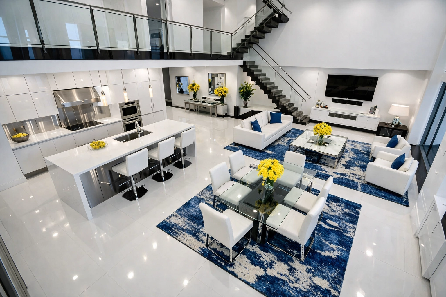 A fully sanitized and staged modern loft apartment following a professional Airbnb turnover service.