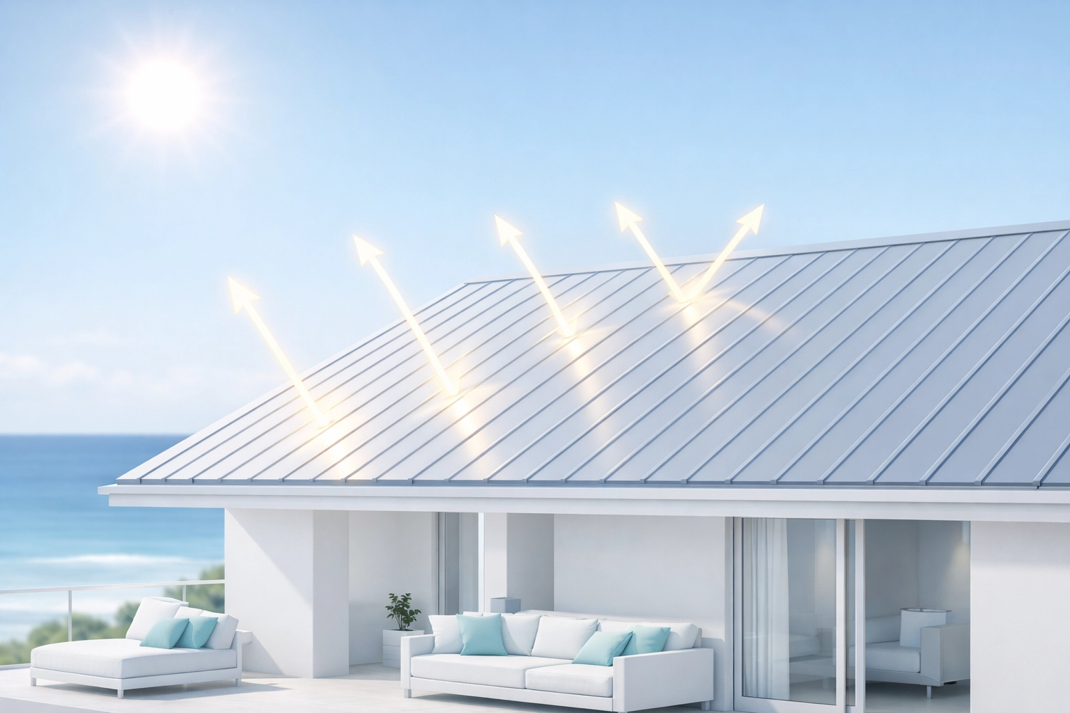 Thermally efficient light-grey metal roofing on a coastal home reflecting heat to reduce cooling costs.