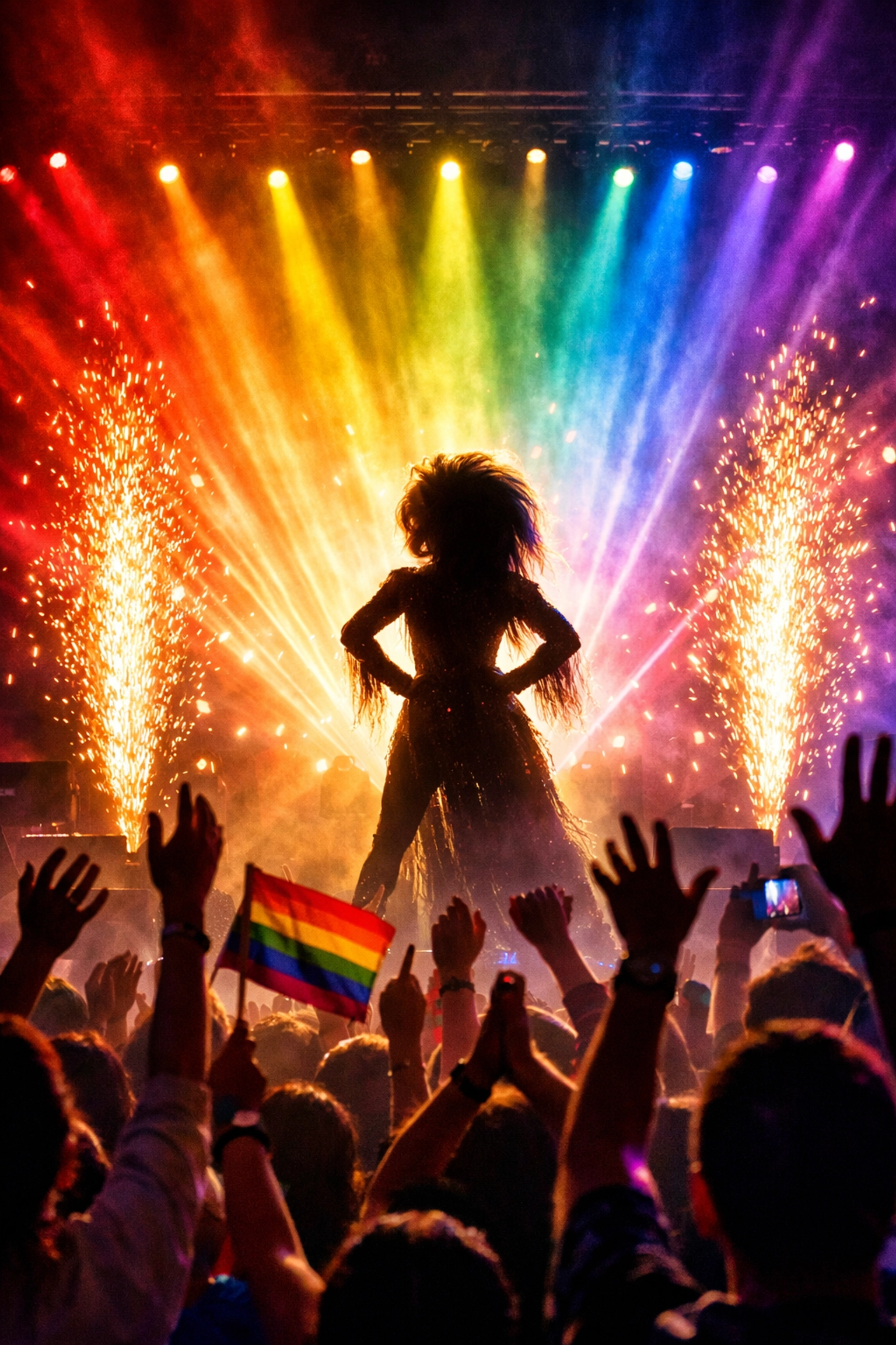 Eurovision performer with wig on stage surrounded by rainbow lights and celebrating crowd
