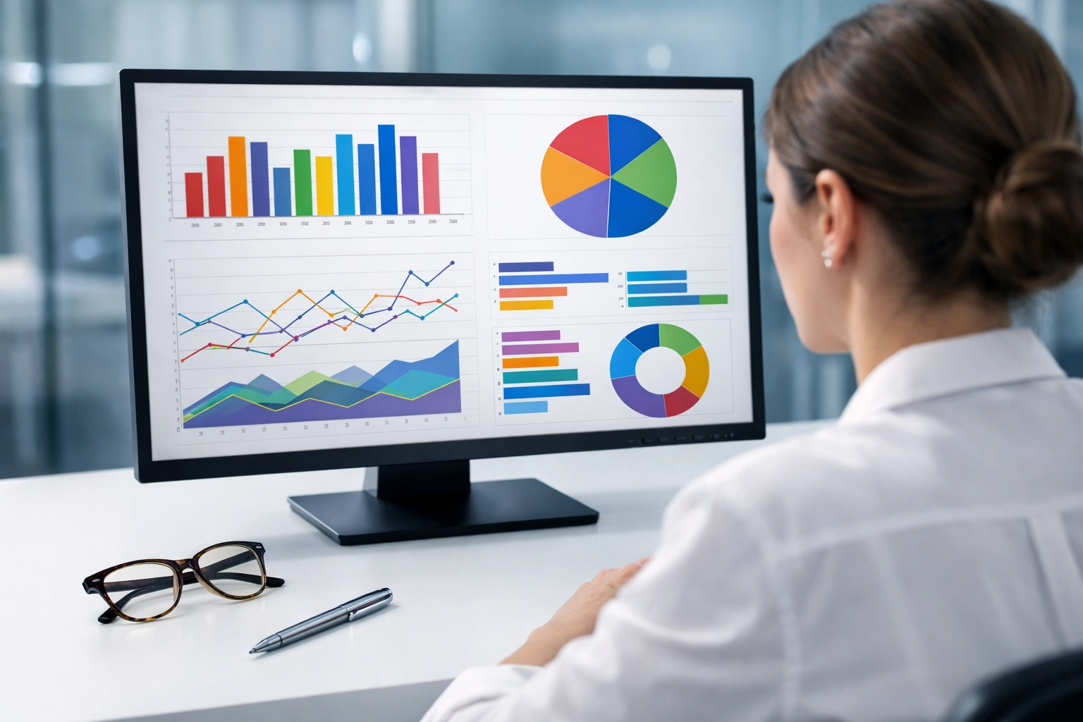 Billing specialist reviewing revenue cycle management data to optimize optometry billing services.