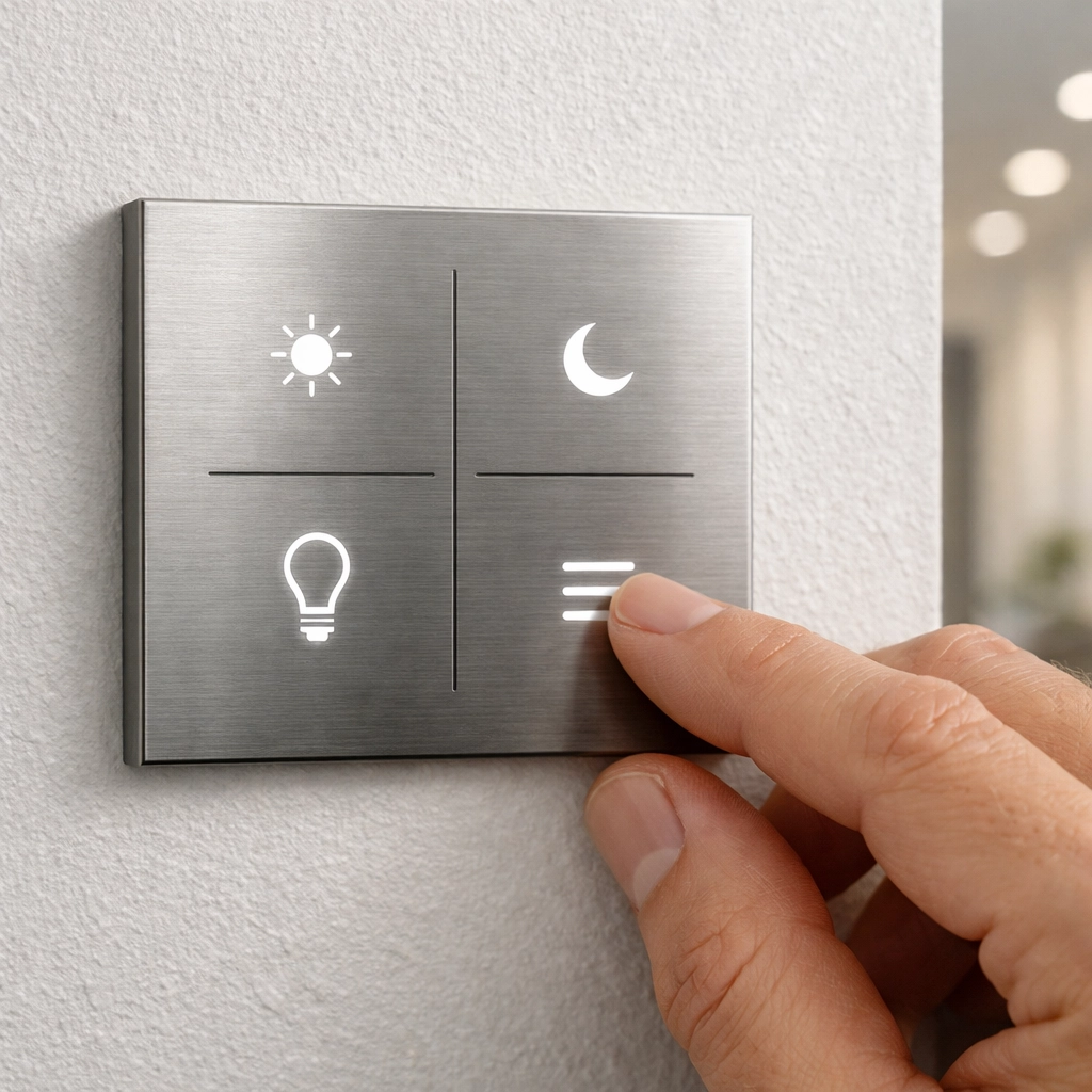 A modern wall-mounted smart home keypad for effortless lighting control and automation.