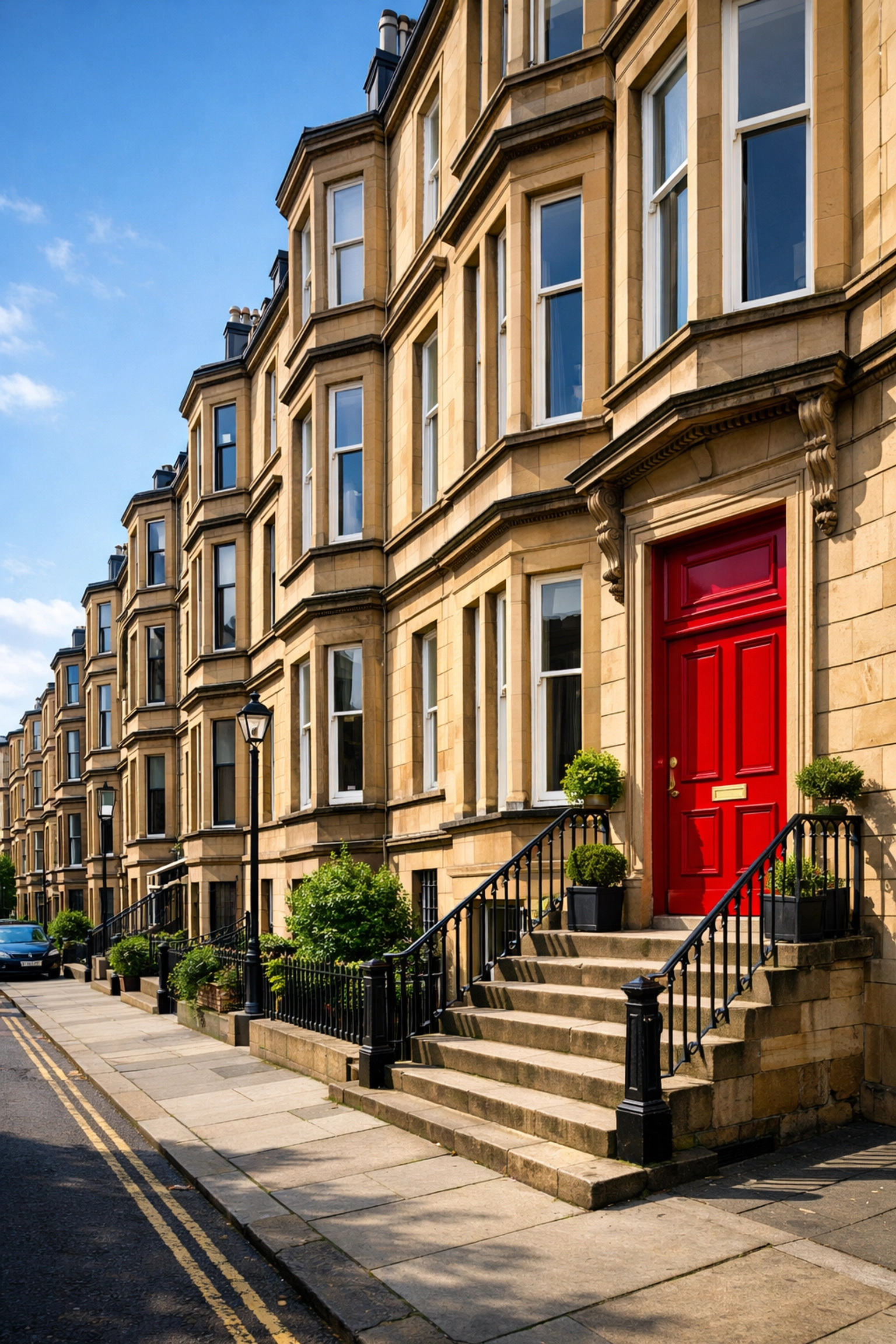 Traditional blonde sandstone tenement houses for sale in Glasgow's vibrant West End district.