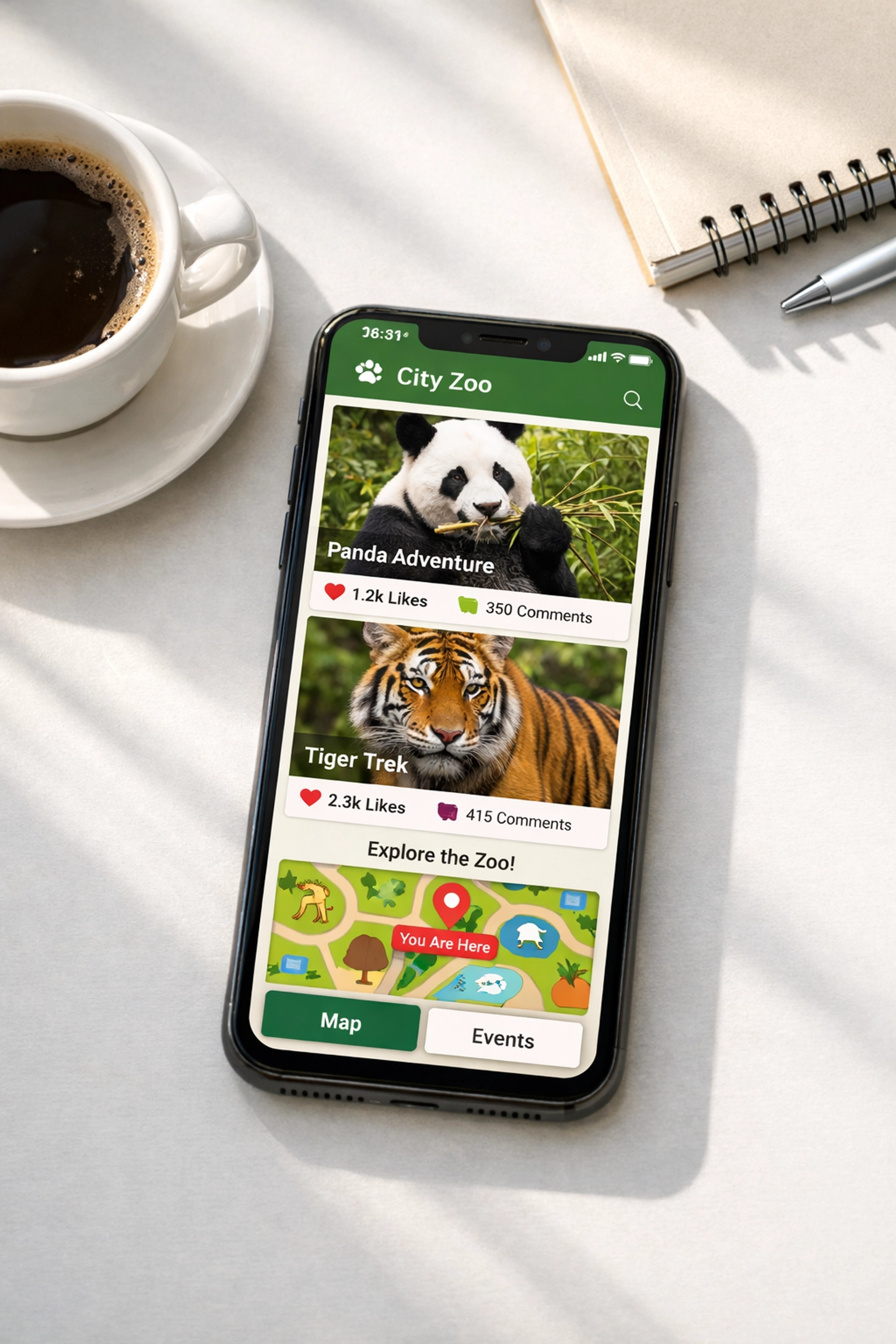 Zoo mobile app showing visitor engagement metrics and animal content tracking dashboard