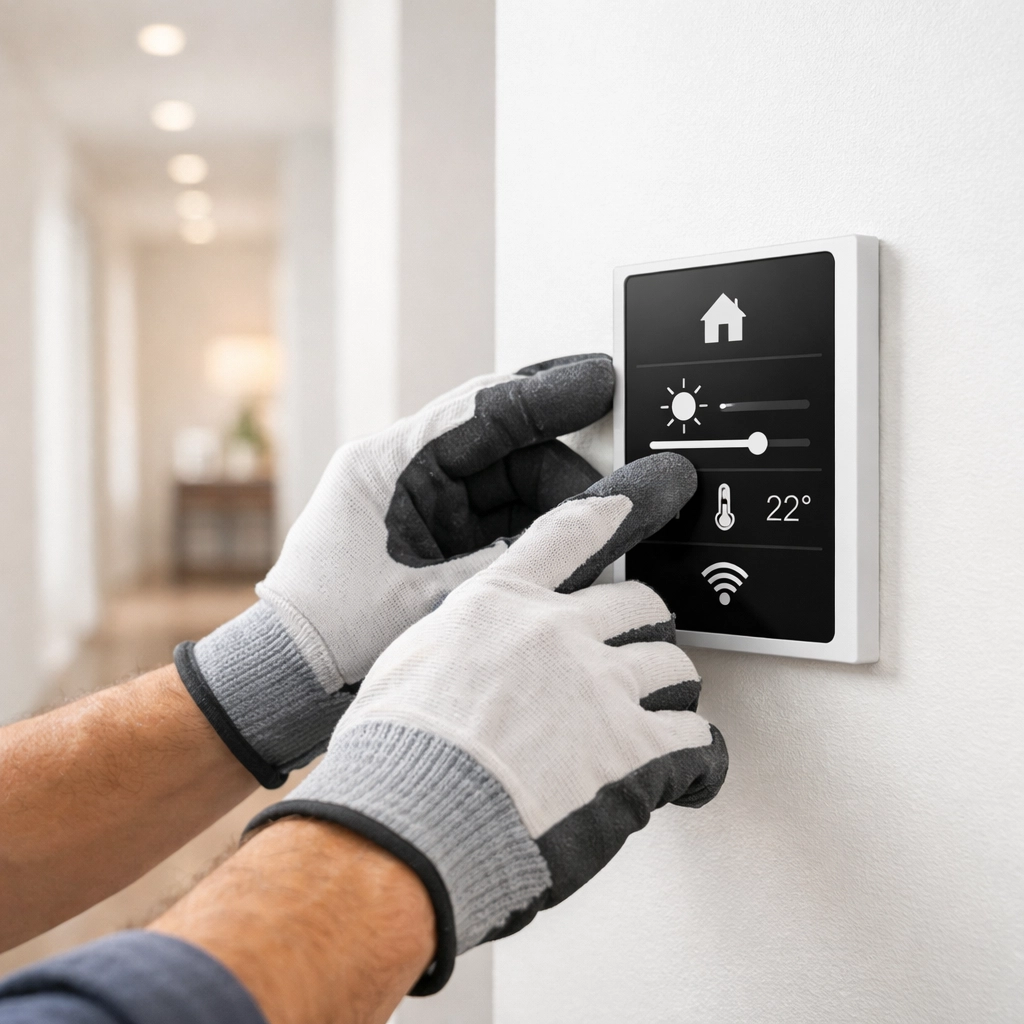 Professional Maine electrician precisely adjusting a modern smart home control panel.