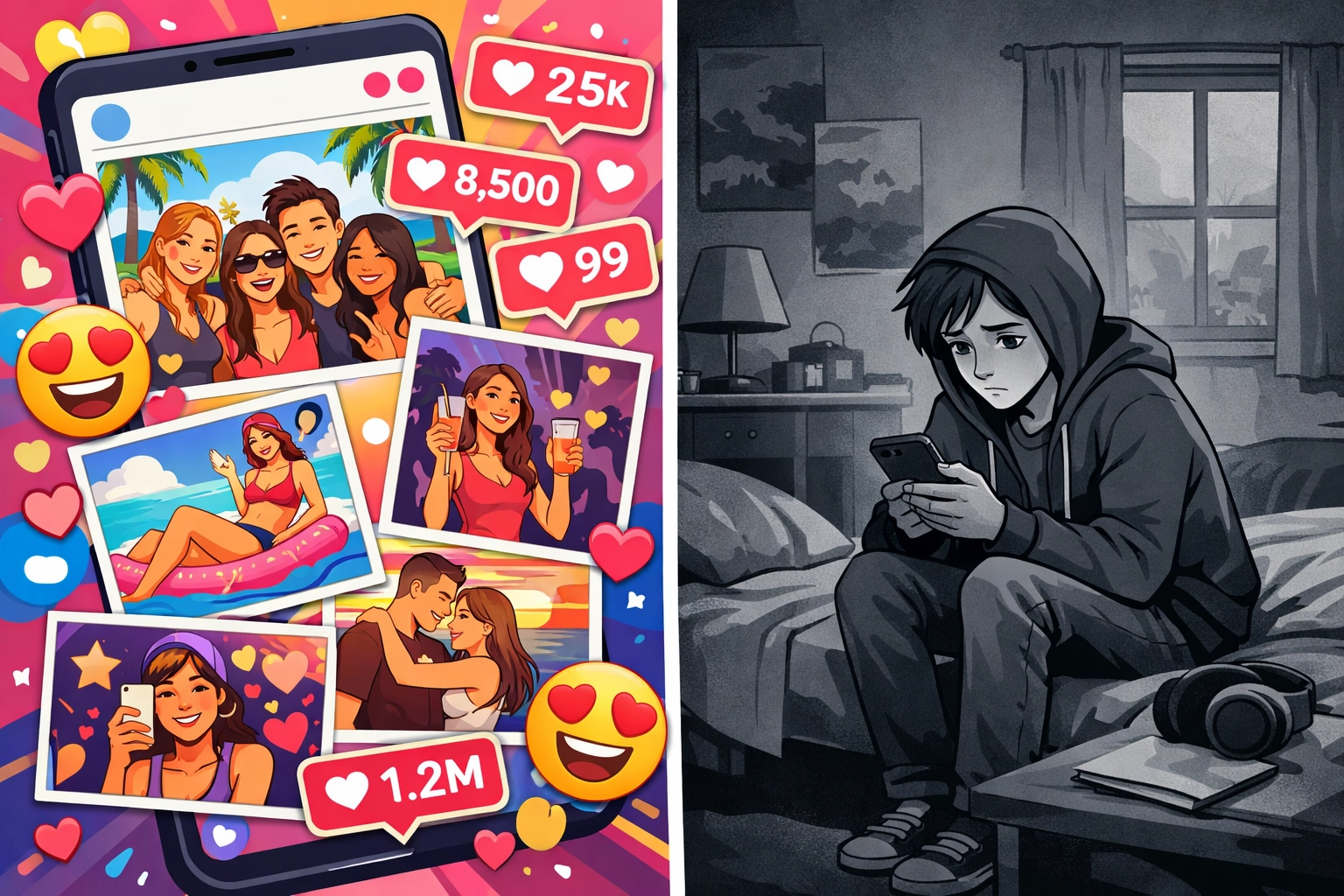 Teen social media comparison showing perfect online posts versus lonely reality