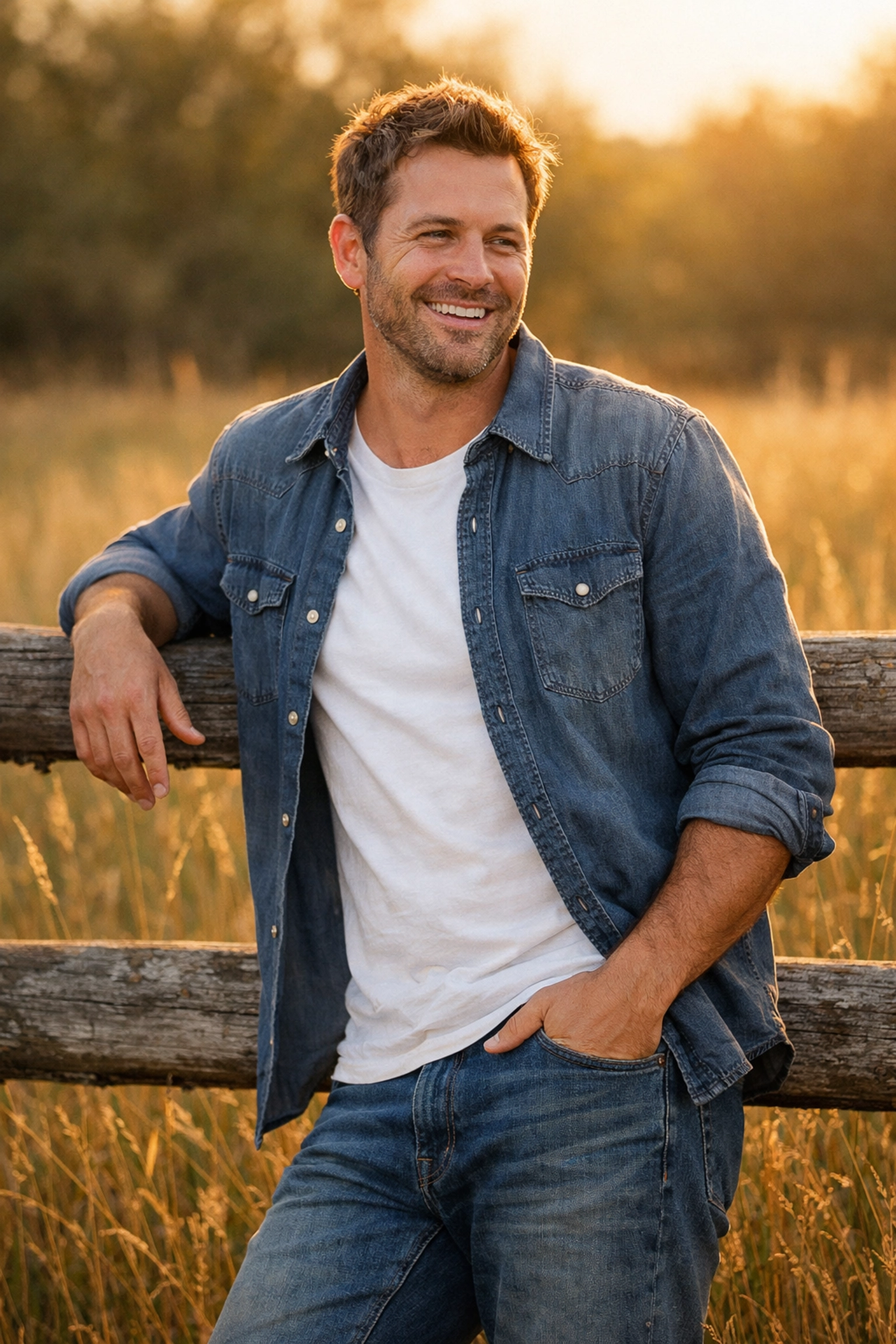 Example of natural posing and golden hour lighting techniques for a relaxed lifestyle portrait.