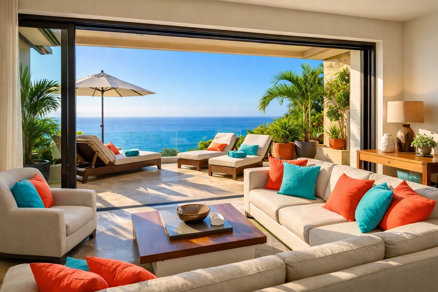 Open-air living space in Amapas condo with private terrace and bay views