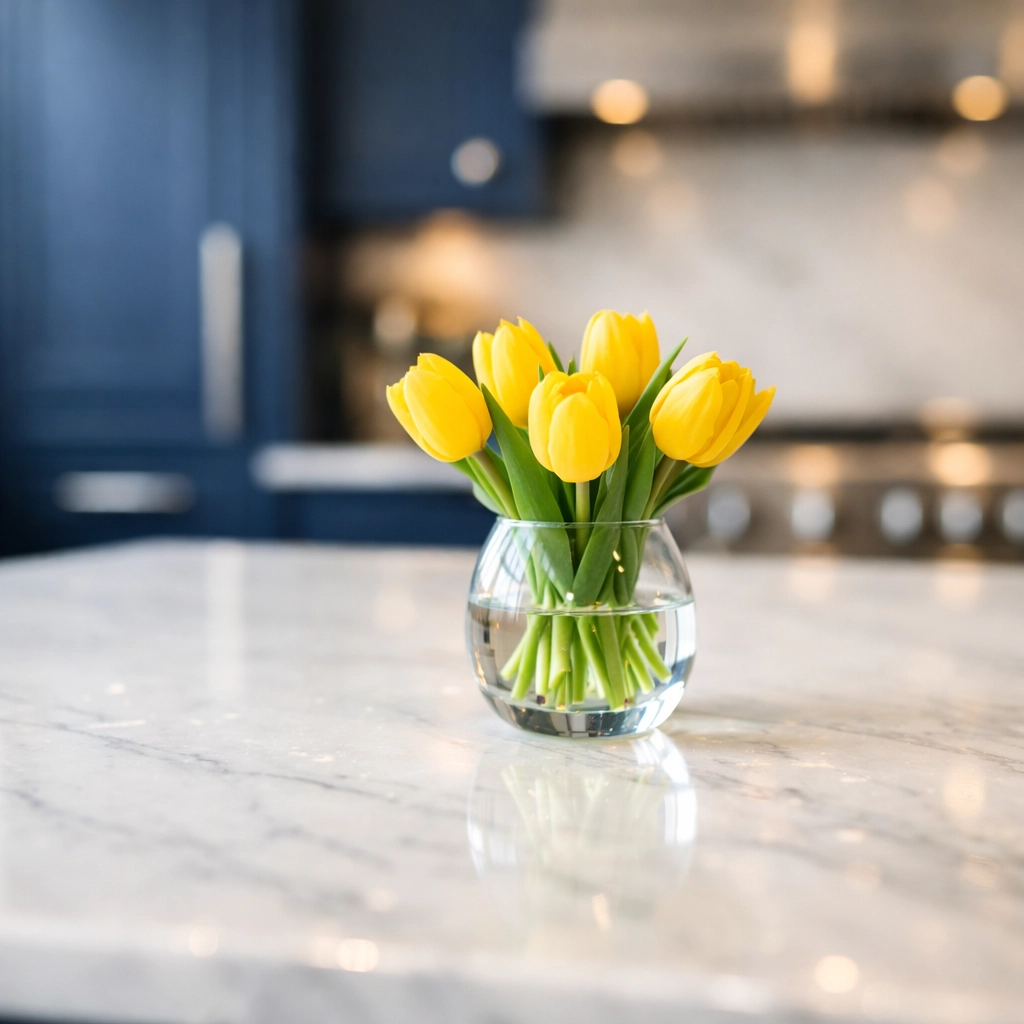 Pristine white marble kitchen island after a thorough deep house cleaning Cambridge MA session.