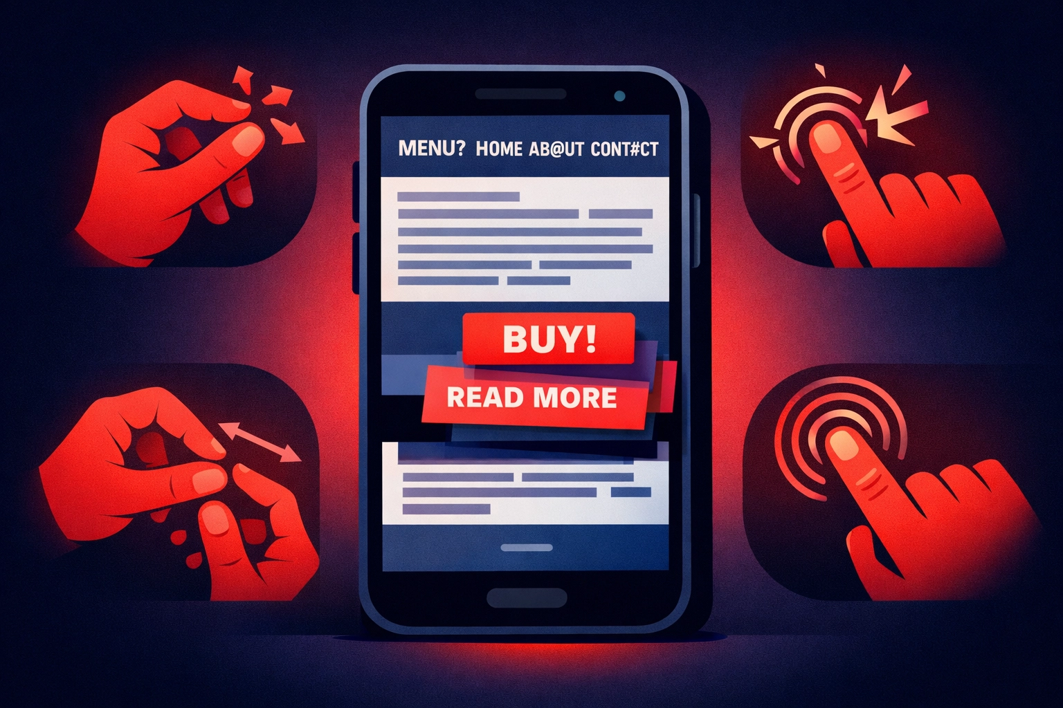 Smartphone displaying broken mobile website with unresponsive navigation and small text