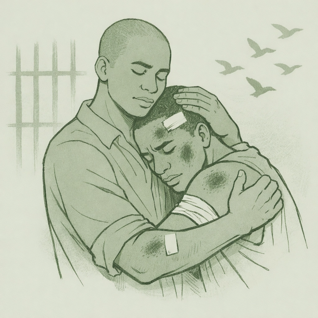 Two gay men embrace after persecution in Cameroon, symbolizing LGBTQ+ survival and hope for freedom
