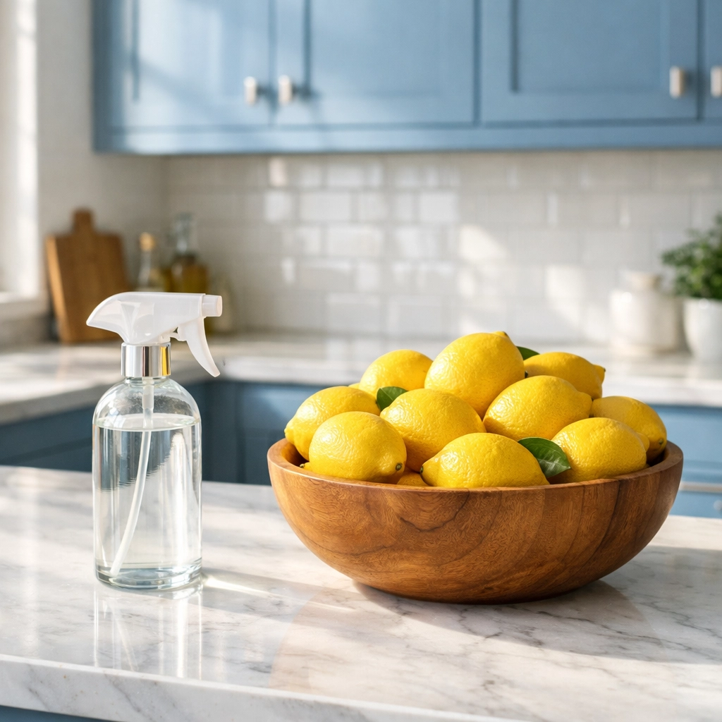 Eco-friendly house cleaning in a modern Stow, MA kitchen using natural, non-toxic supplies.