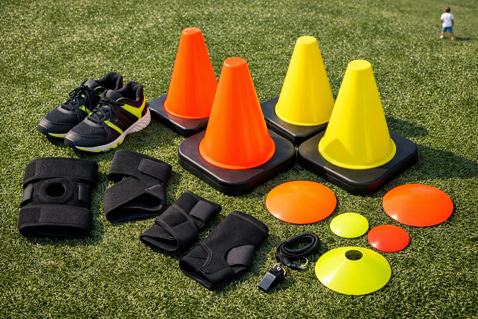 Essential coaching equipment including weighted cones, athletic shoes, and protective gear