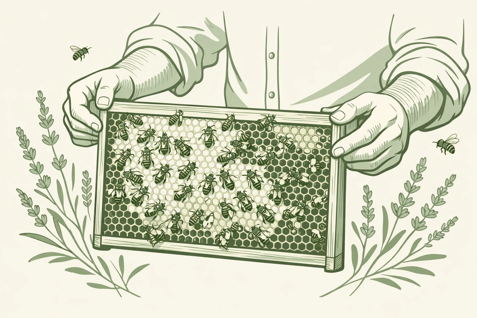 Close-up of beekeeper hands holding honeycomb frame during urban beekeeping education