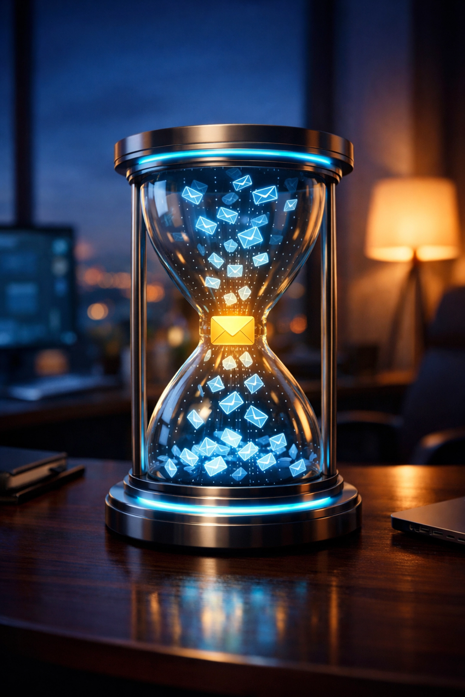Digital envelopes in a glowing hourglass representing perfectly timed email automation delivery.