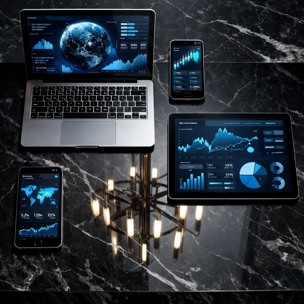 Multiple digital devices showing a multi-channel online reputation strategy for local services.