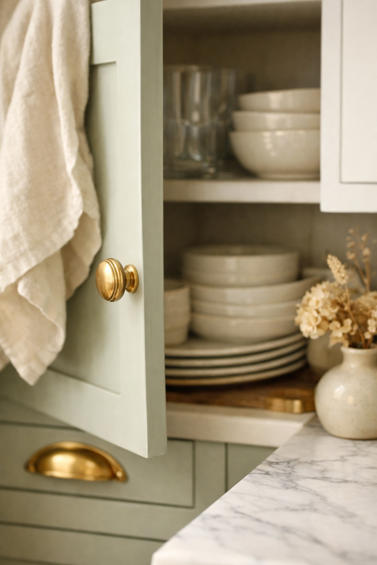Brass cabinet knobs and pulls on white kitchen cabinets with organized dishes inside