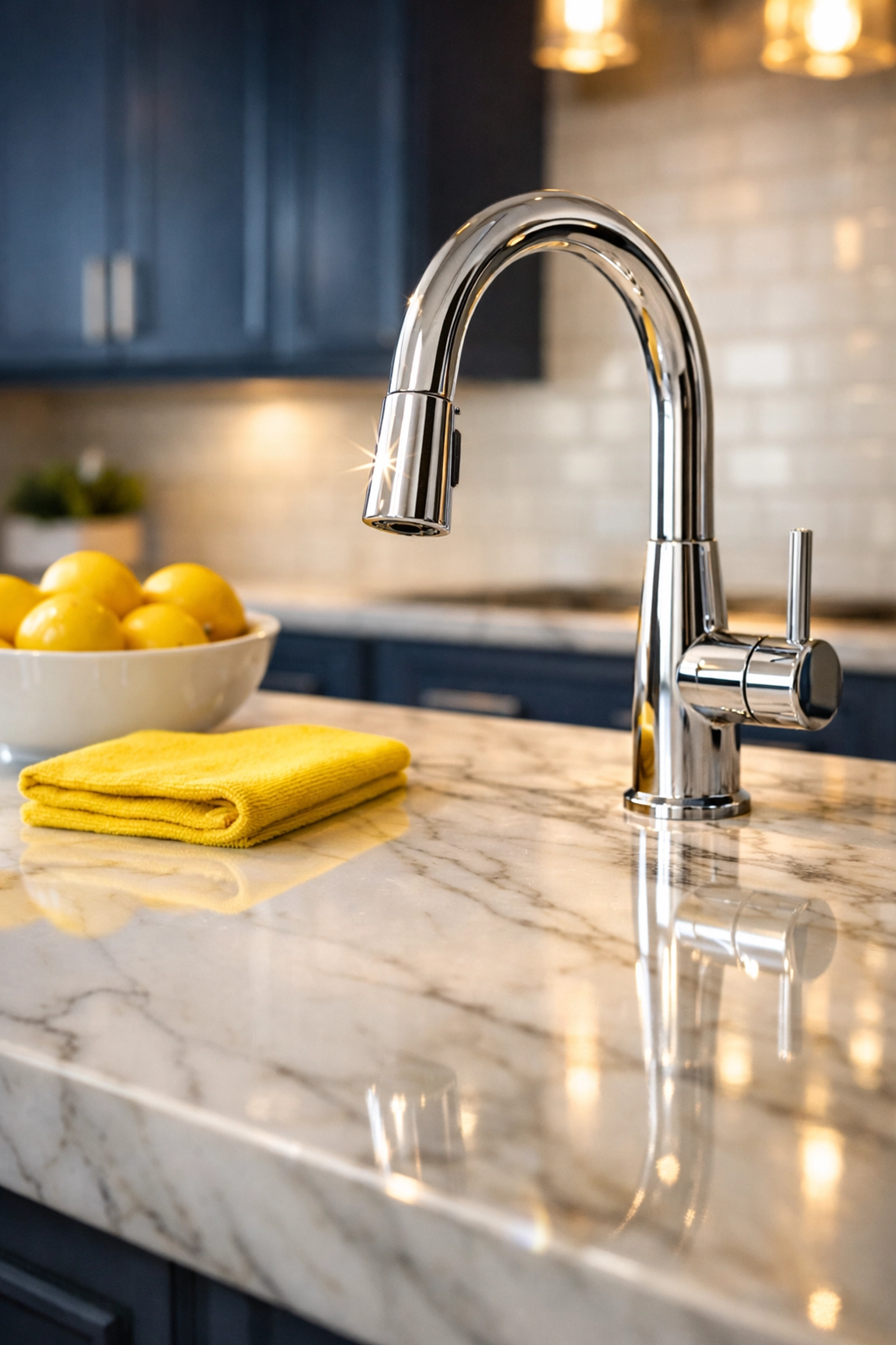 Sparkling marble kitchen island in Westford showing the high standards of a weekly house cleaning service.