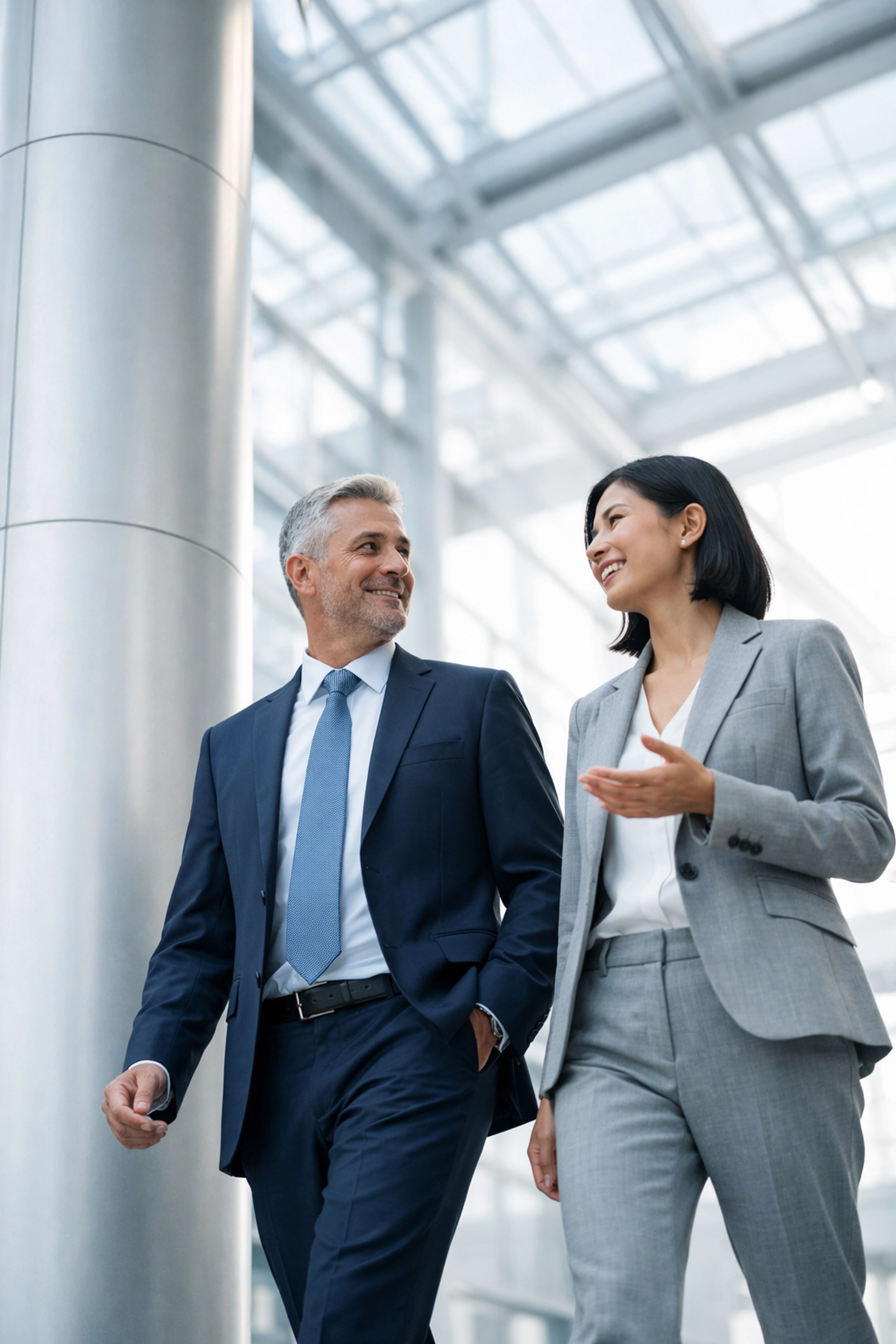Business professionals collaborating in a bright atrium to build resilient growth and strategic alliances.