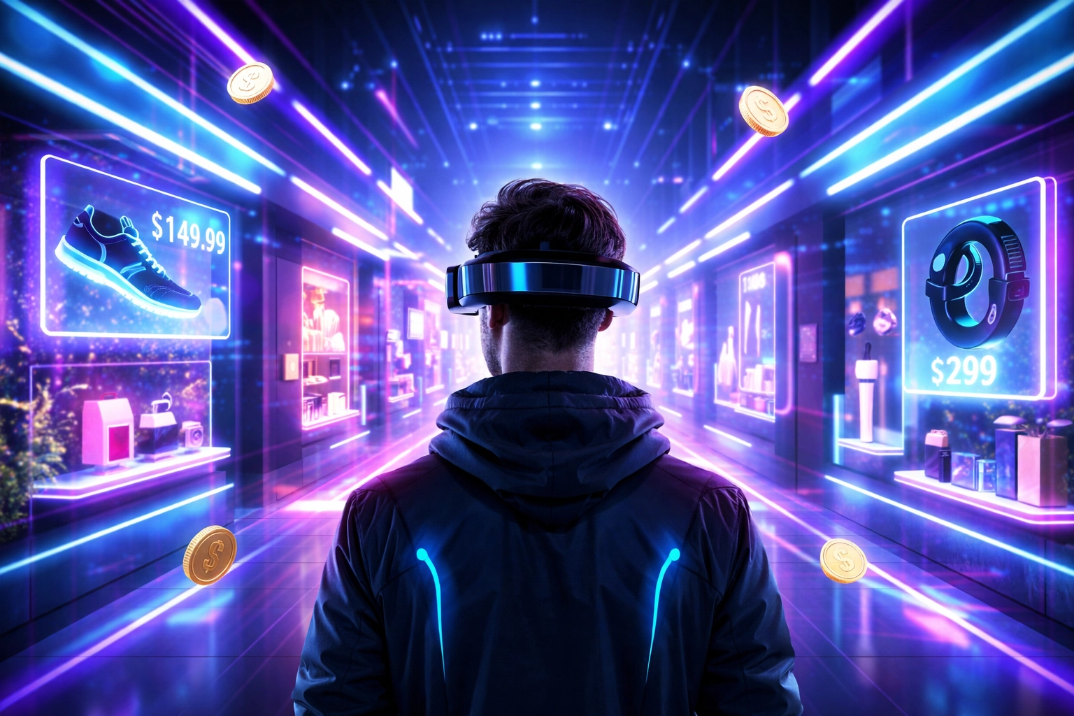Person shopping in a neon-lit virtual mall using VR, illustrating metaverse shopping with LUSD stablecoin.