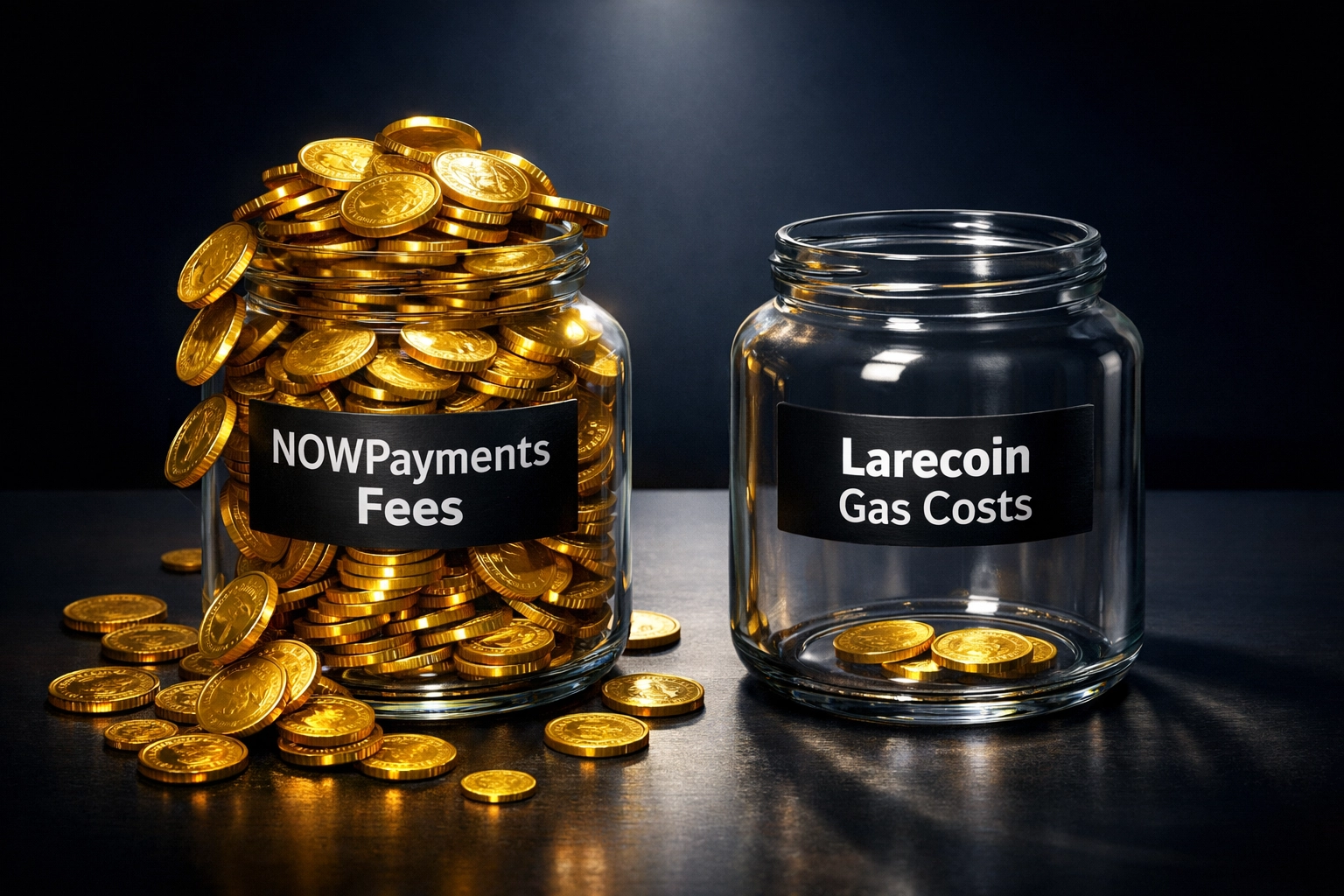 Fee comparison showing NOWPayments high costs versus Larecoin low gas-only fees for merchants
