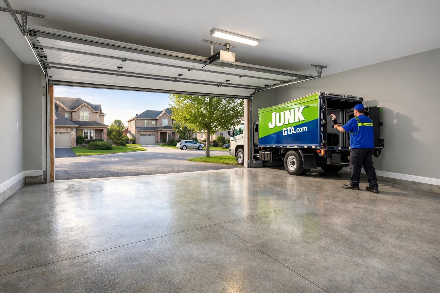 A clean and organized two-car garage in Aurora after a full-service junk removal appointment by Junk GTA.