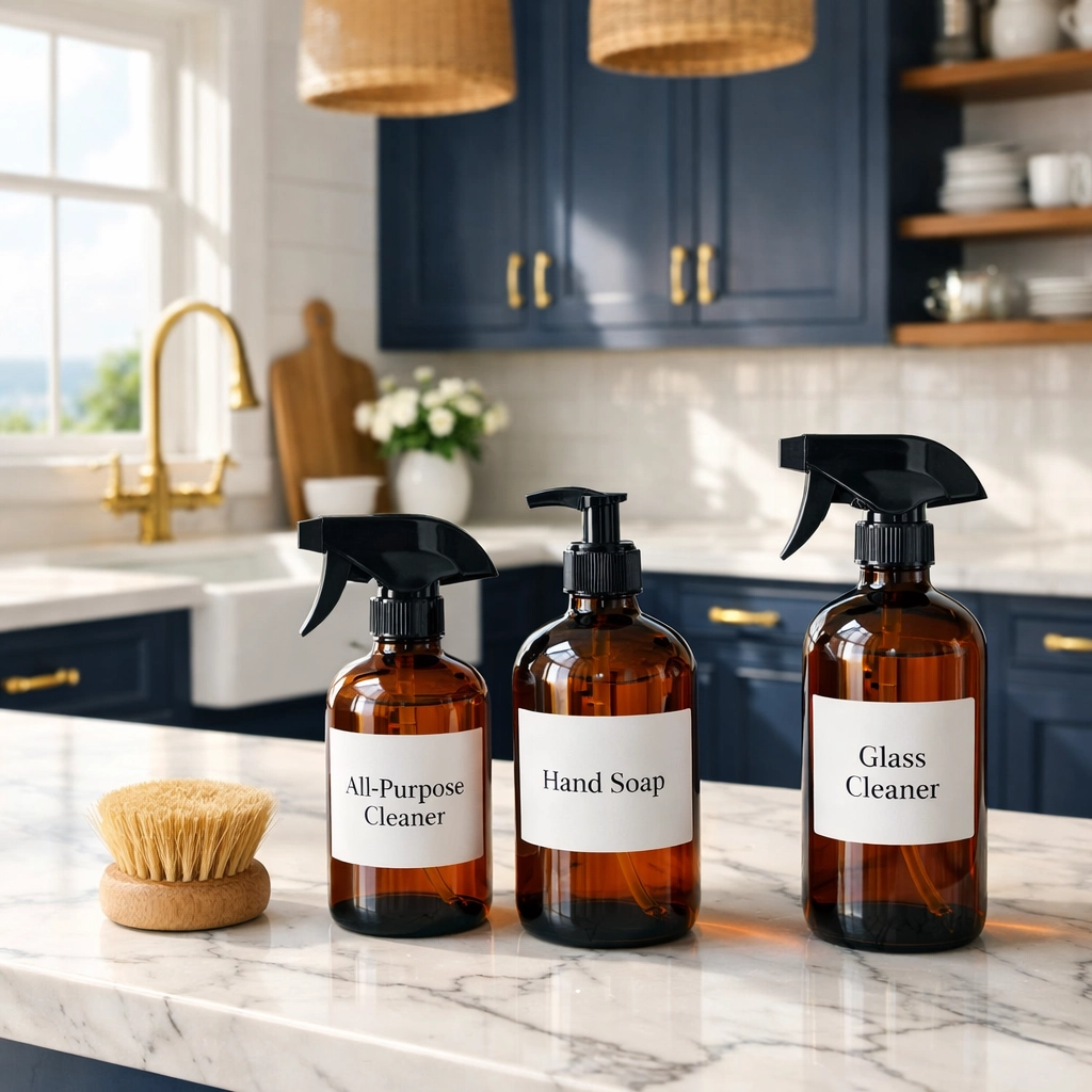 Eco-friendly cleaning products on a white marble countertop for a professional Marblehead deep cleaning.