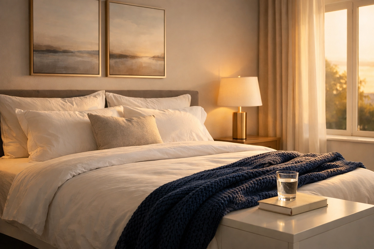 Tidy, sunlit master bedroom showing the results of expert residential cleaning in Leominster MA.