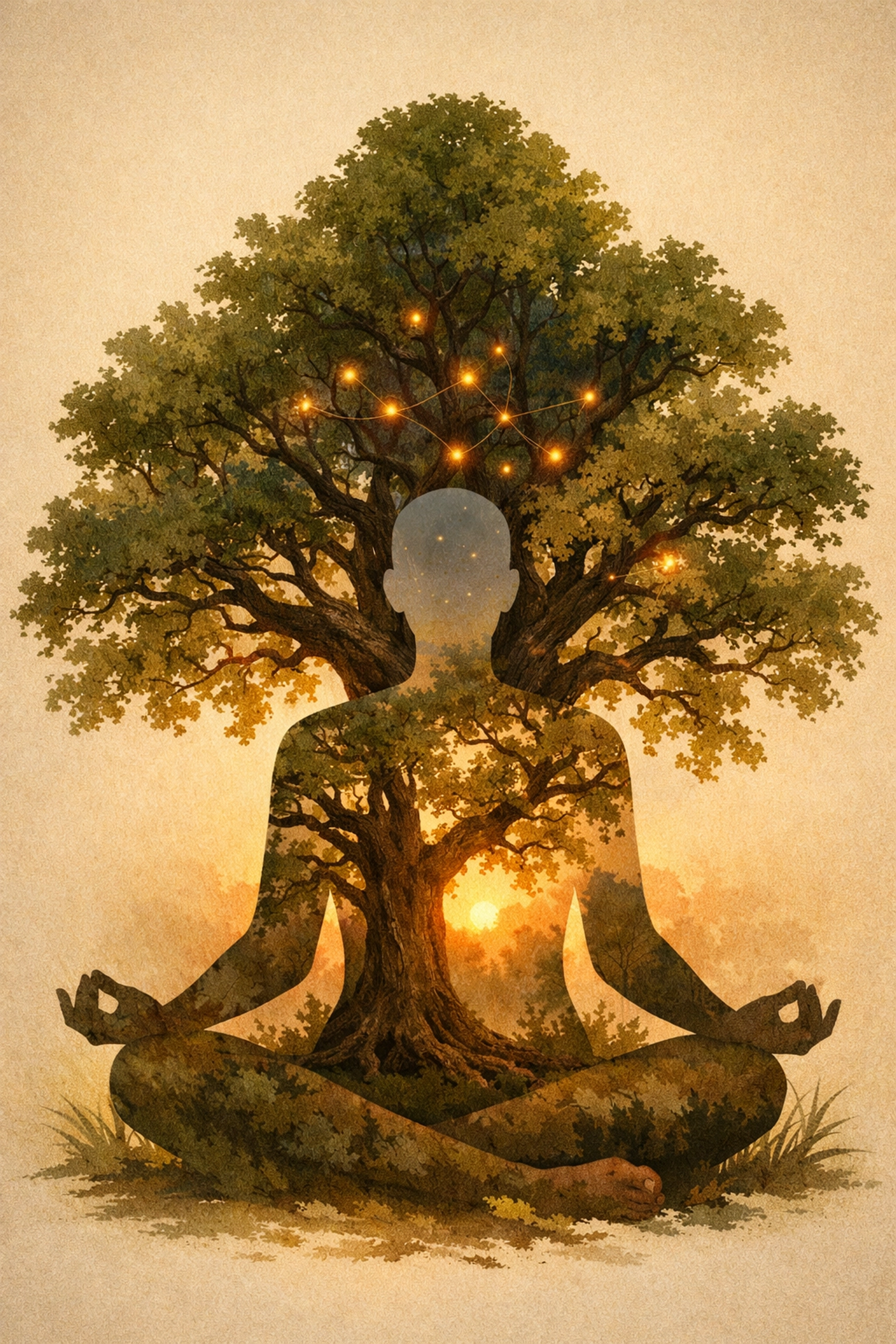 Silhouette of a person meditating within an oak tree, symbolizing spiritual healing and somatic resonance.