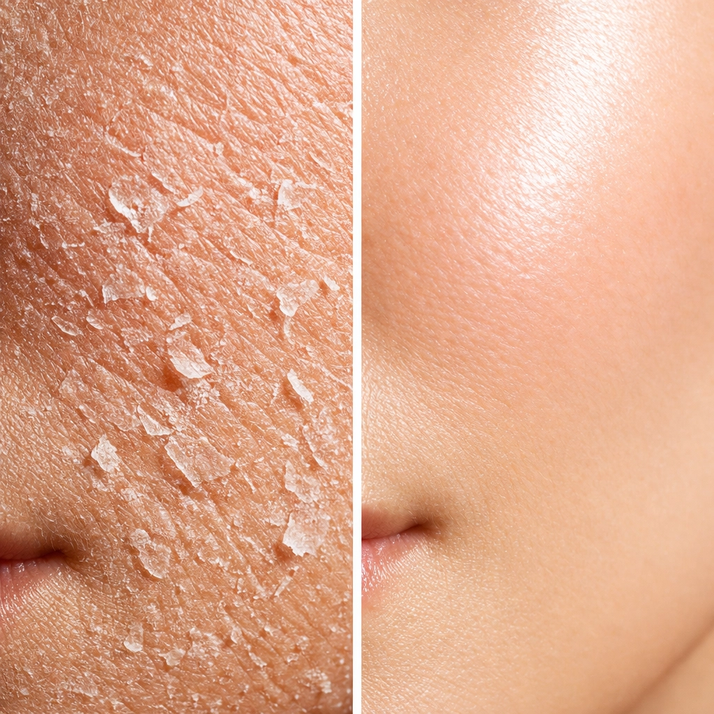 Comparison of dry irritated skin from harsh body wash versus hydrated healthy skin from natural formula
