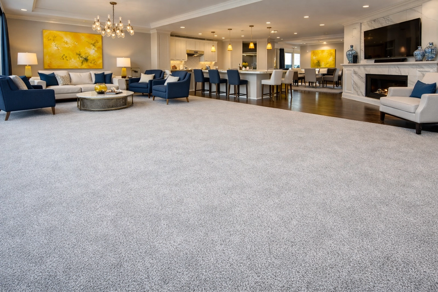 A wide-angle shot of perfectly groomed light gray carpeting in a luxury Massachusetts living room.