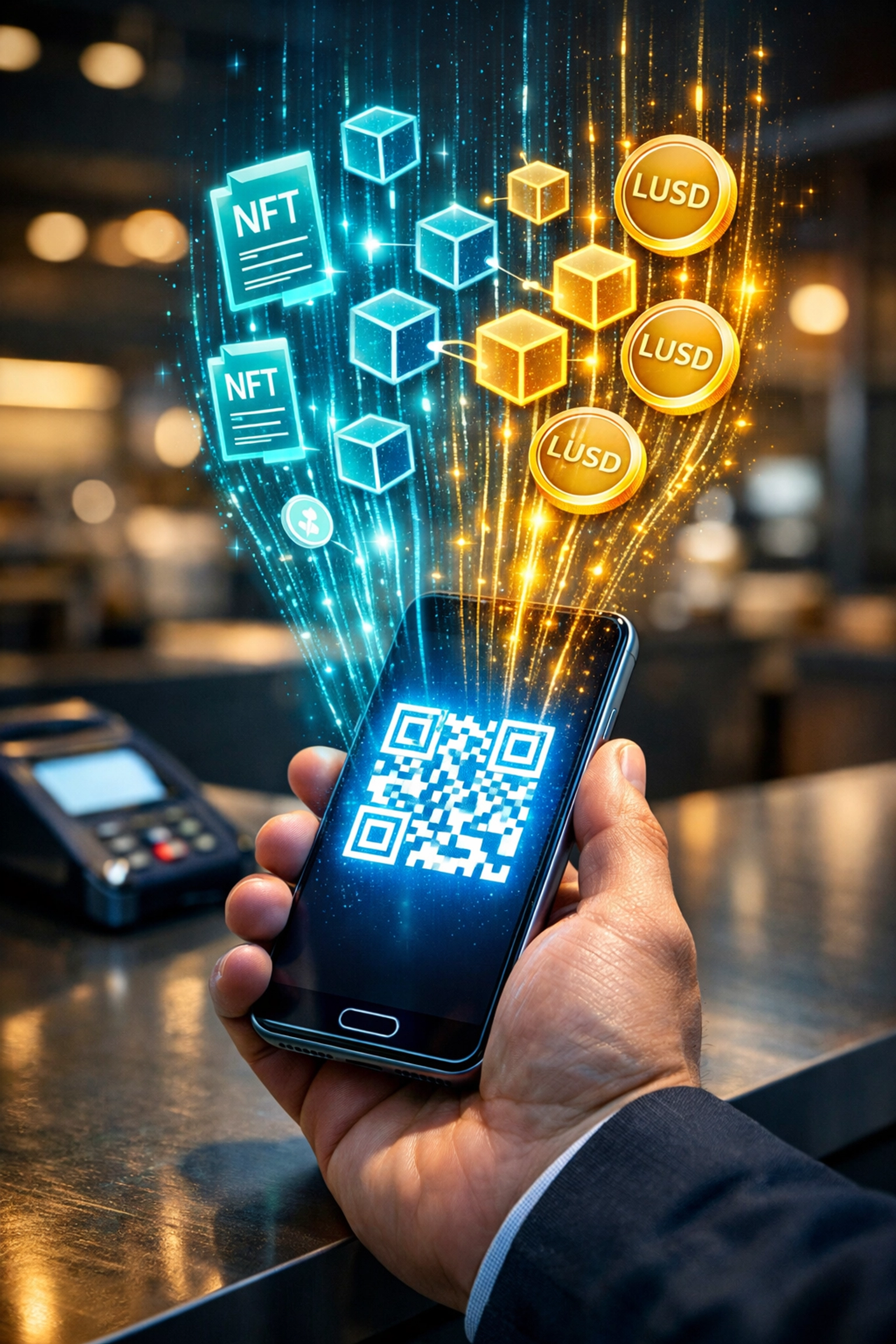 Merchant using QR code crypto POS system with NFT receipt and digital payment technology