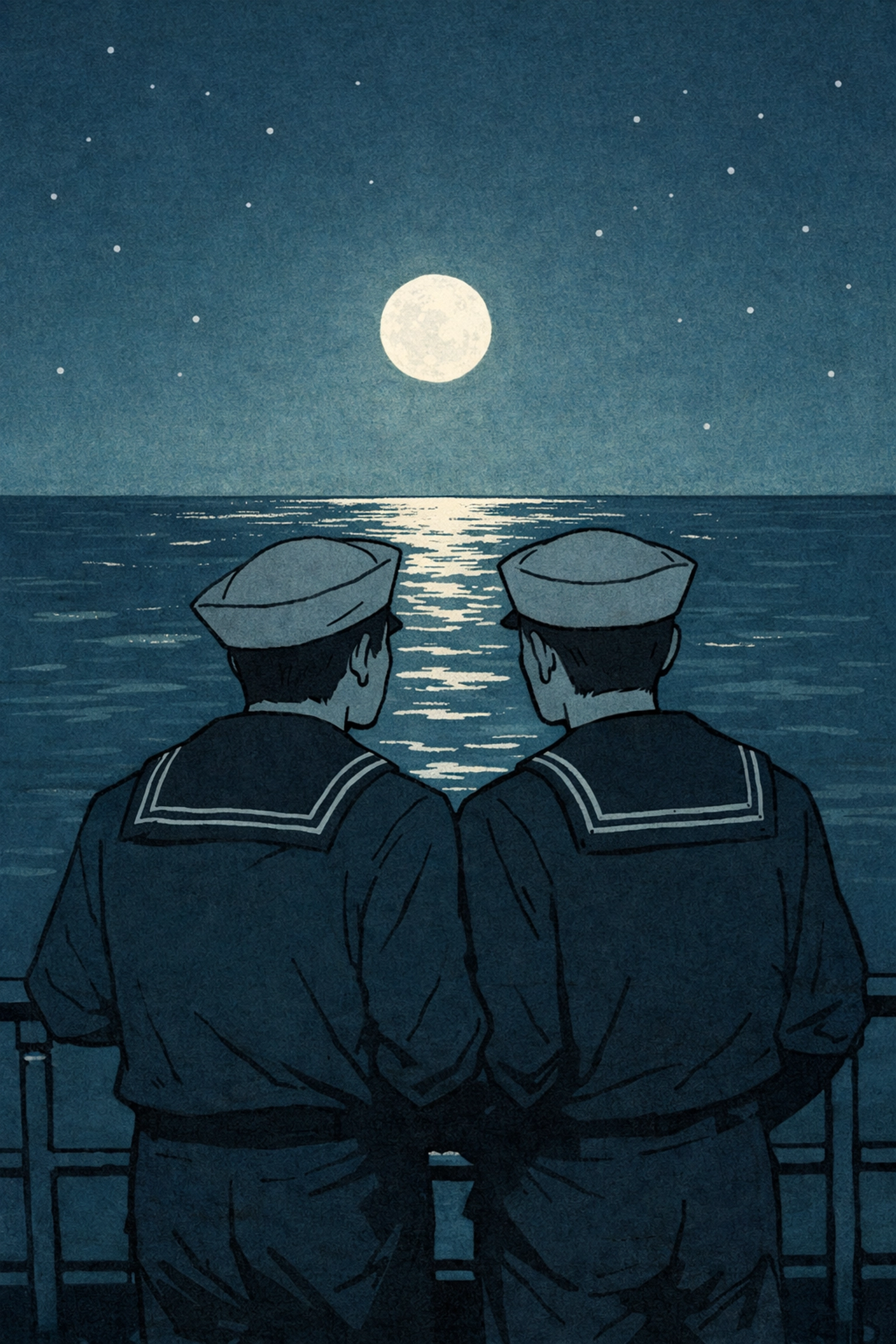Two male sailors standing close on ship deck under starlit sky during midnight watch