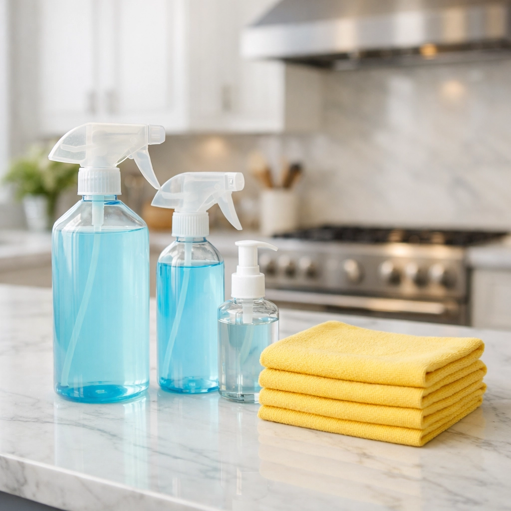 Eco-friendly cleaning supplies on a sanitized marble kitchen island during a professional move-in cleaning.