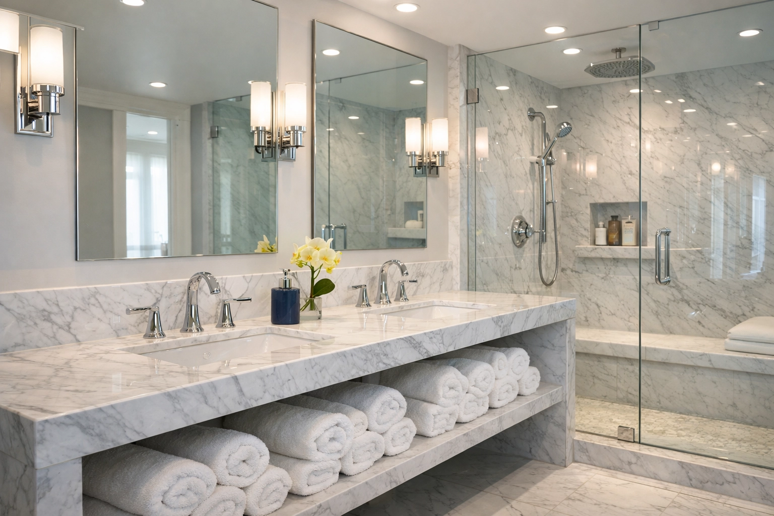 Sparkling luxury bathroom with a marble vanity cleaned by our professional weekly house cleaning team.