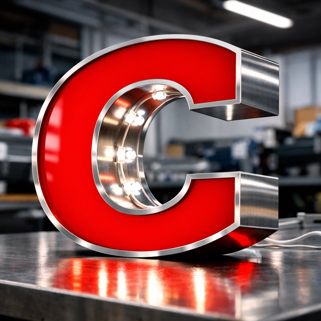 Custom red LED channel letter sign assembly in a DFW fabrication shop for commercial storefronts.