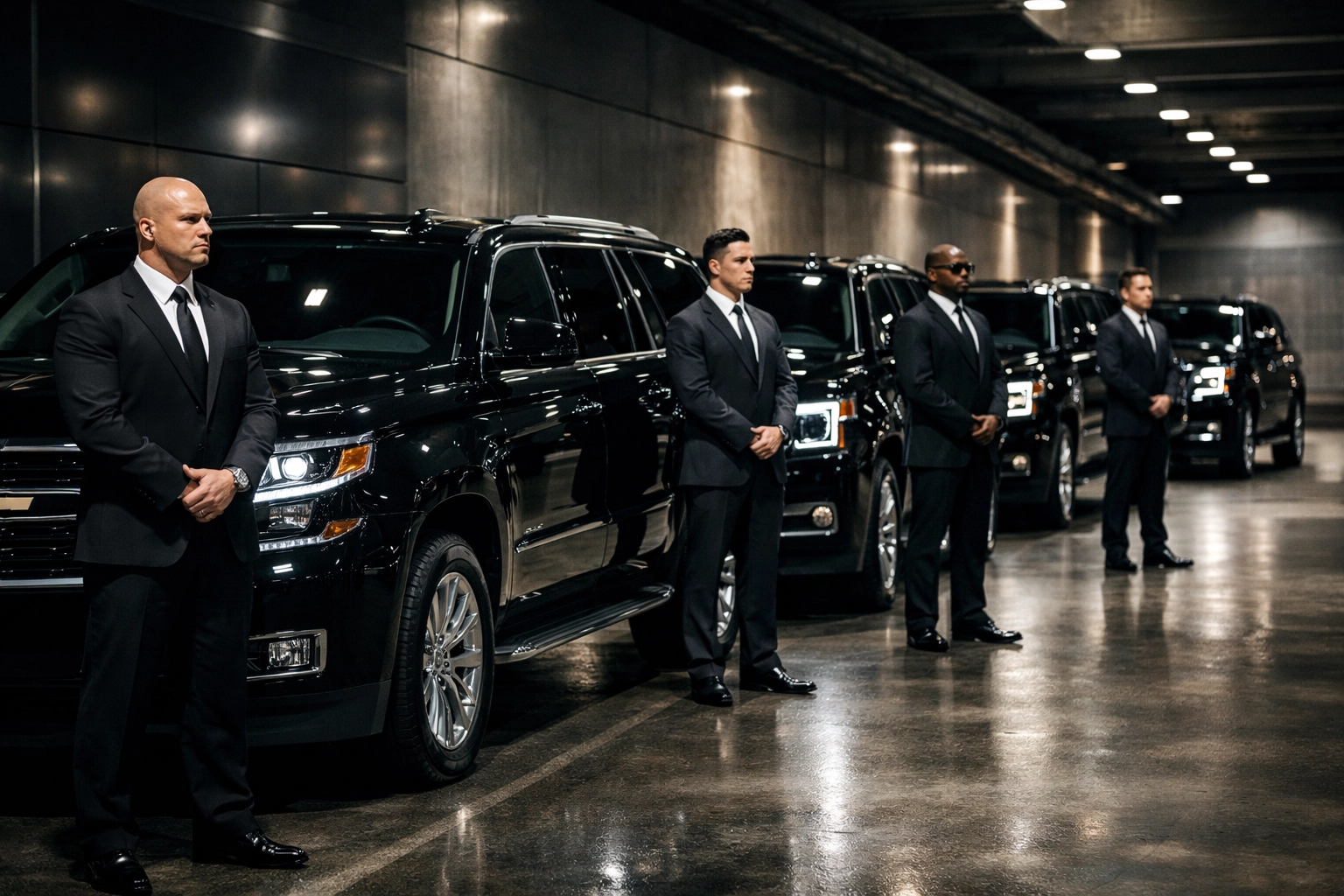 Black luxury SUVs and professional security detail managing executive logistics for VIP travel.