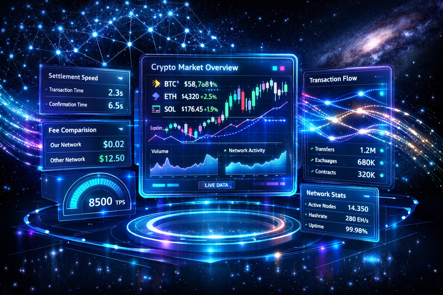 Crypto payment analytics dashboard displaying real-time transaction data and settlement speeds
