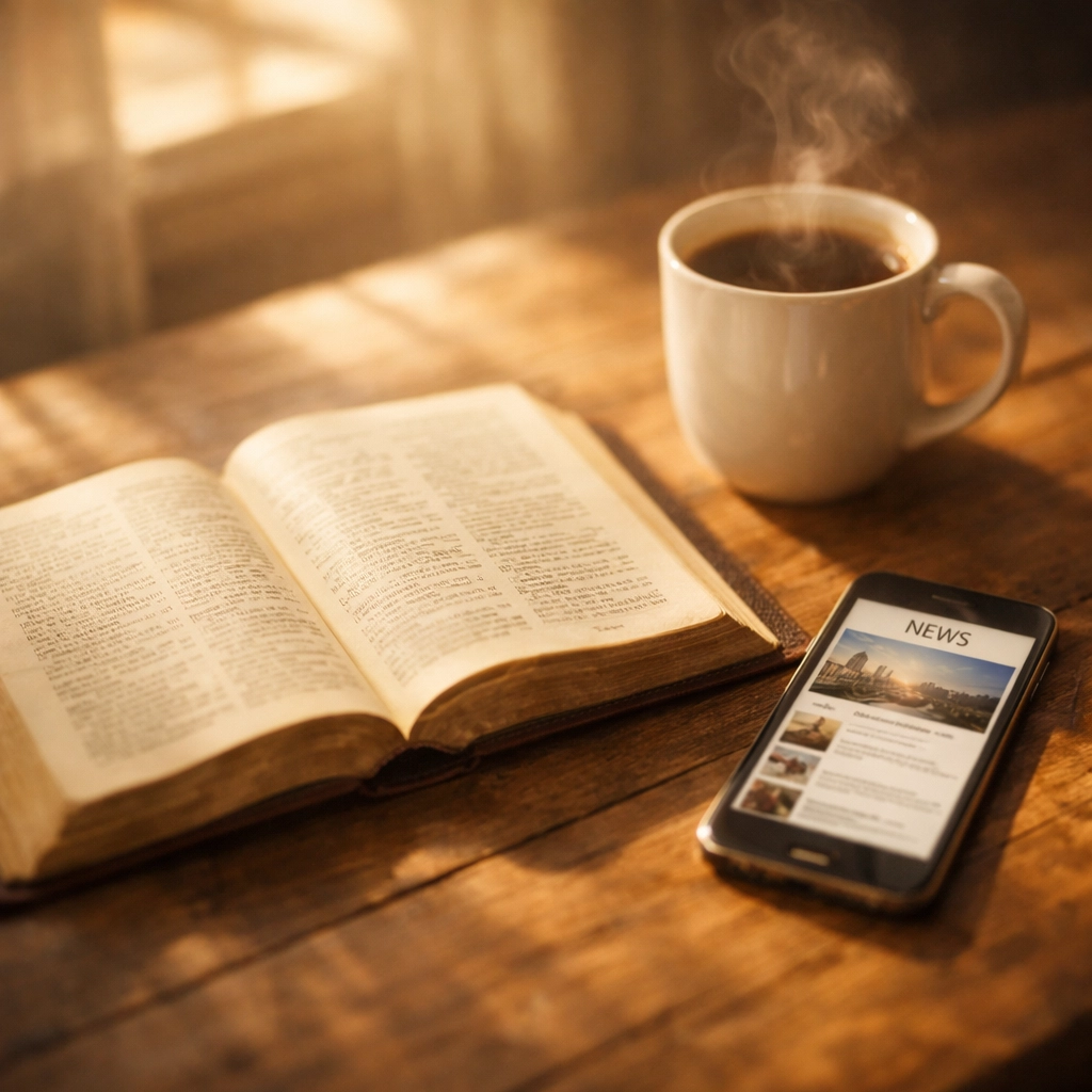 Bible with coffee and smartphone showing news app on wooden table in morning light