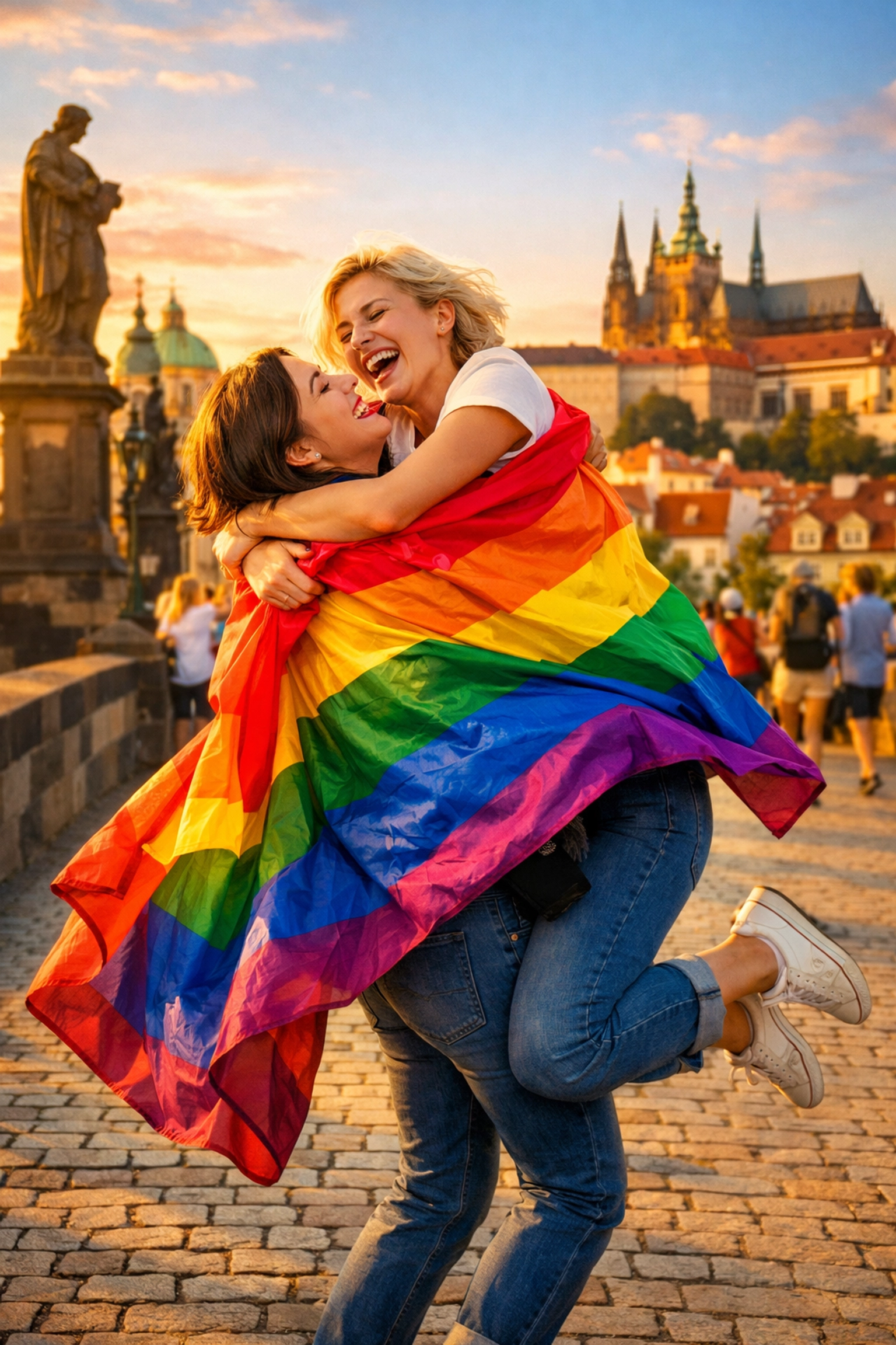 A lesbian couple with a pride flag on Charles Bridge, celebrating the freedom to share gay romance and queer stories.
