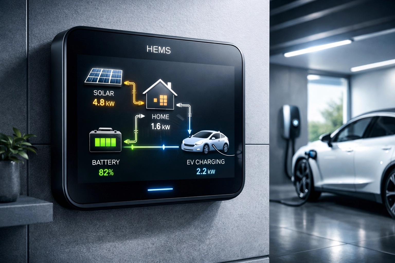 A Home Energy Management System monitoring solar power distribution and electric vehicle charging in an eco-home.