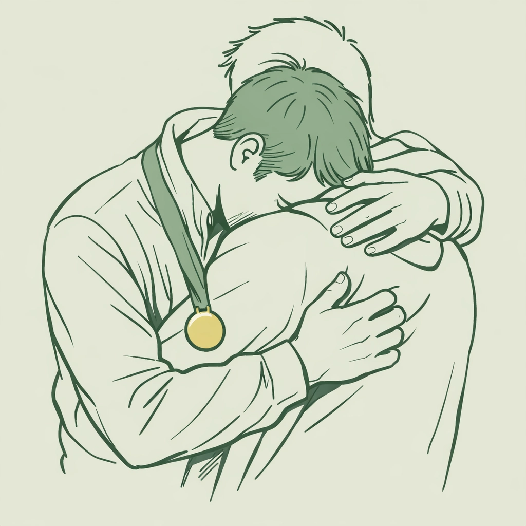 Gay athlete with a gold medal sharing a vulnerable embrace with his partner in a top MM romance book.