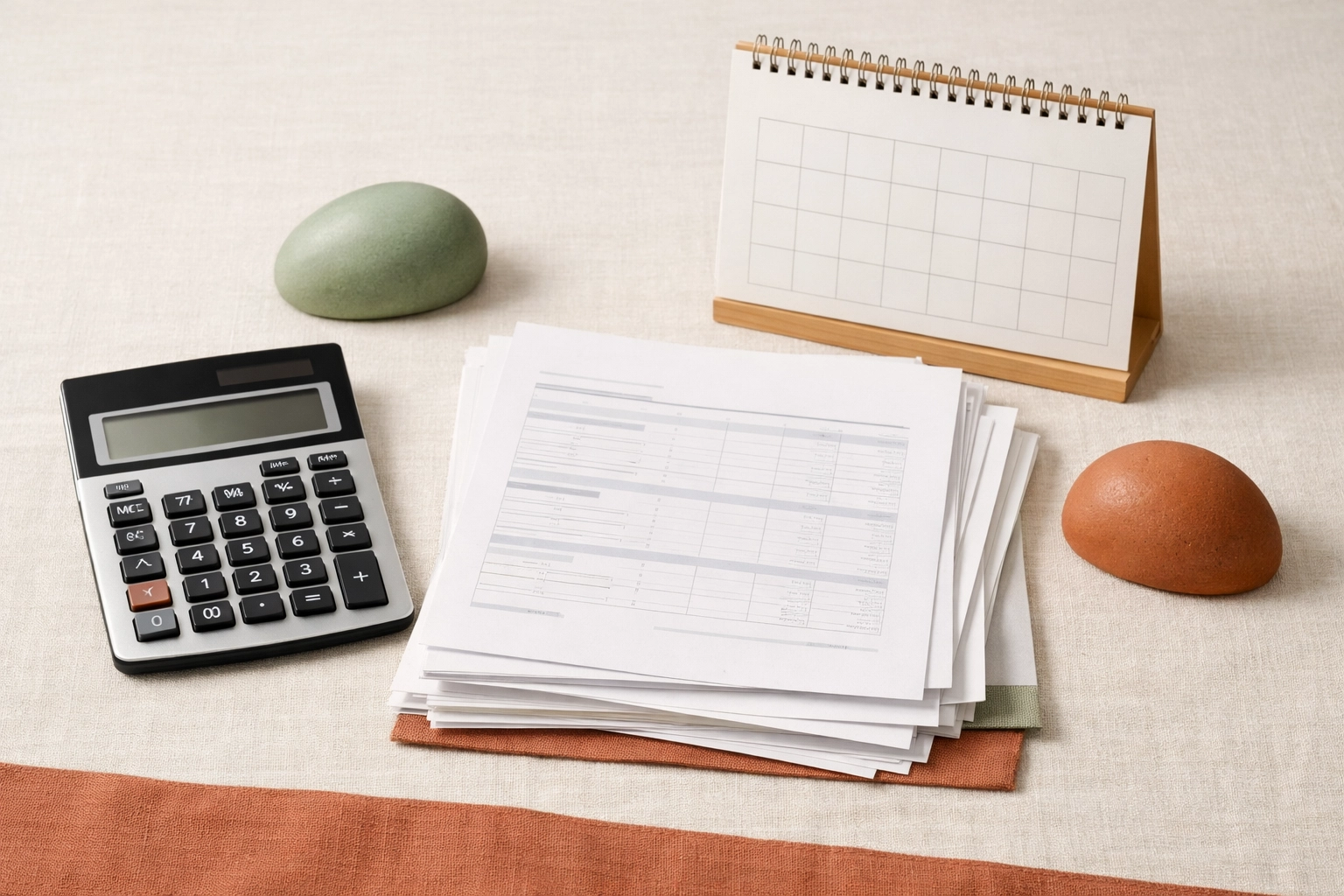 Spousal support calculation workspace with a calculator, financial statements, and a calendar in warm terracotta, sage, and cream Business Boho style.