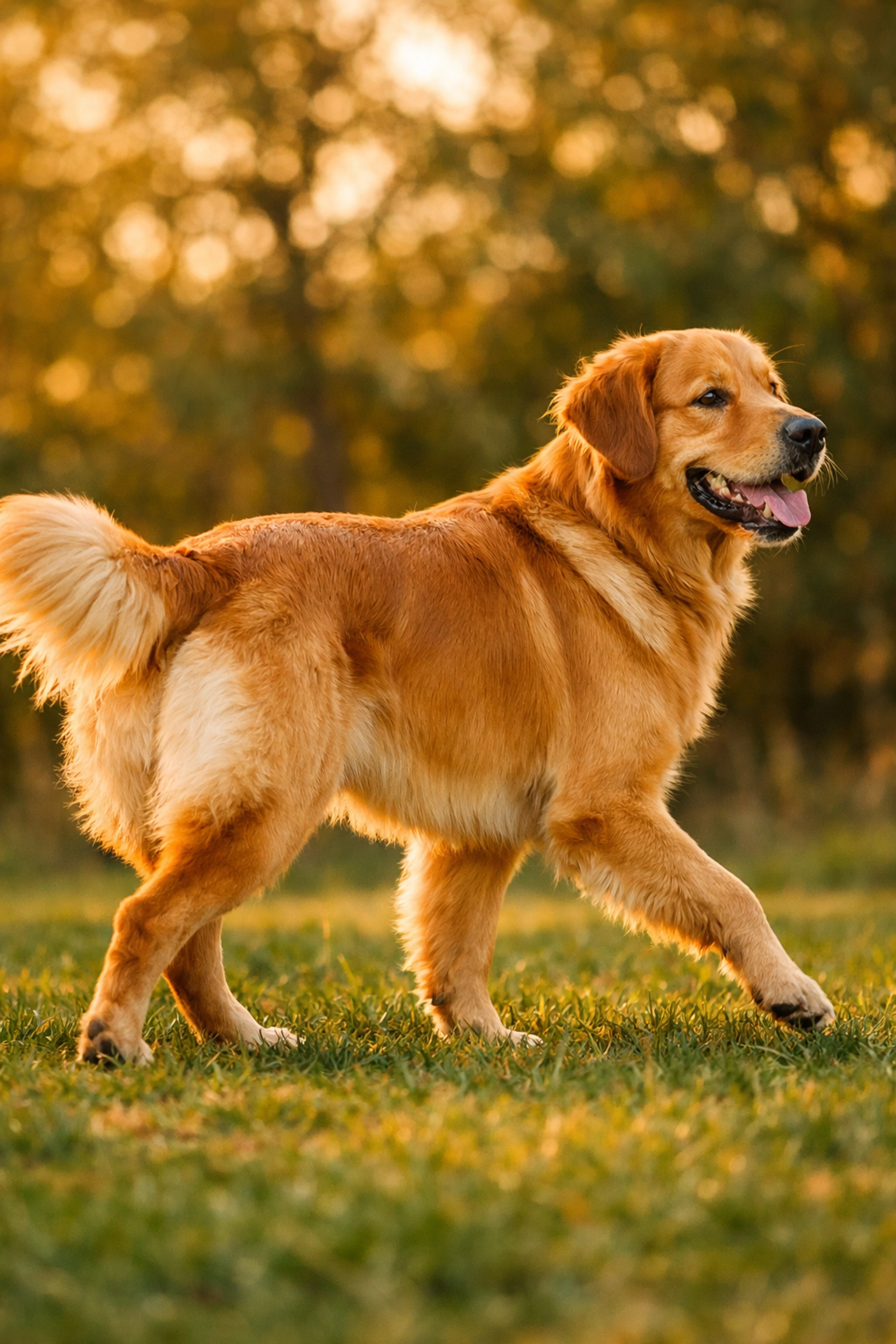 Healthy Golden Retriever with strong hip and elbow structure standing in natural sunlight