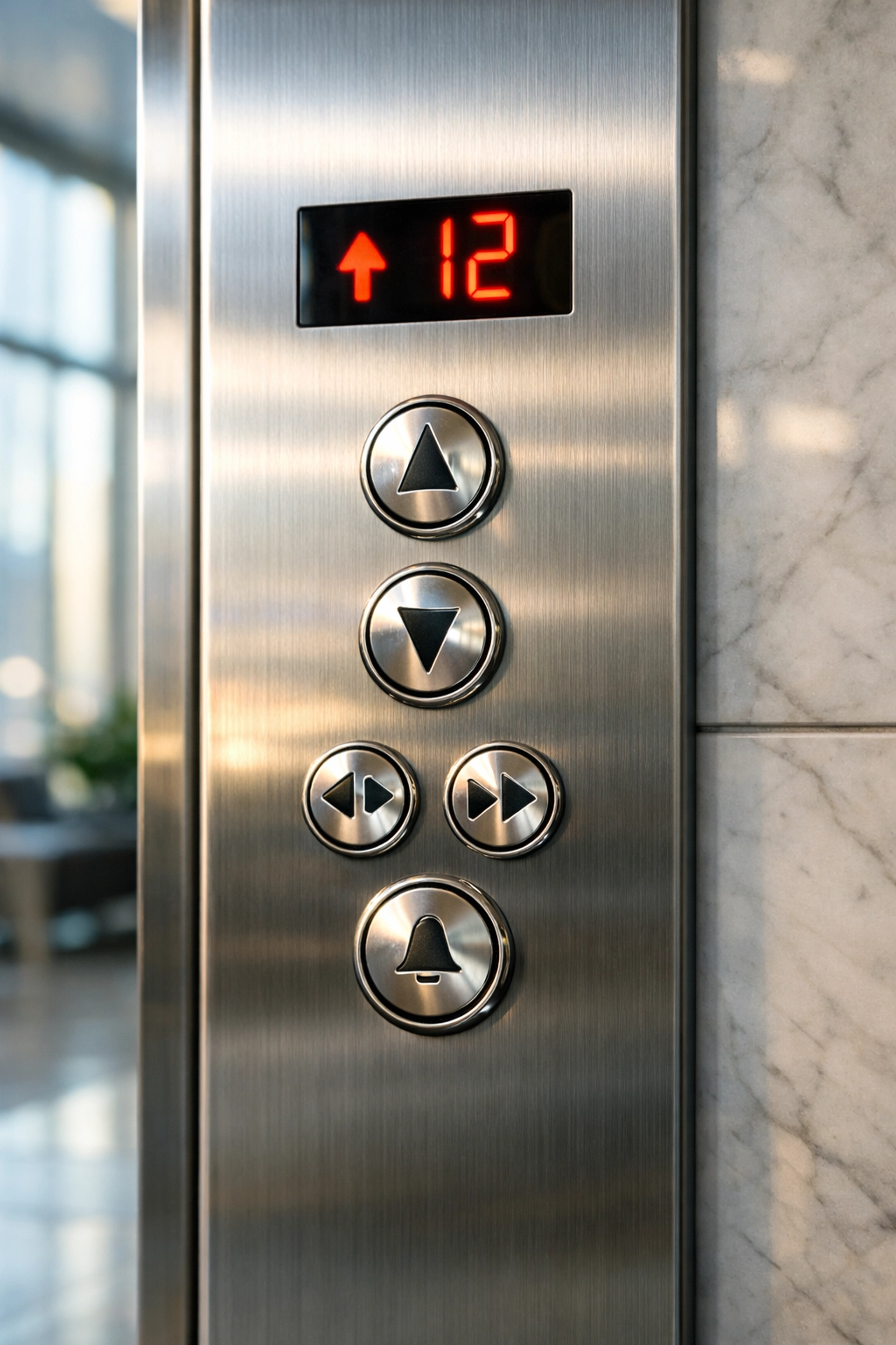 Polished metal elevator buttons in a hygienic Chicago office lobby, representing high sanitization standards.